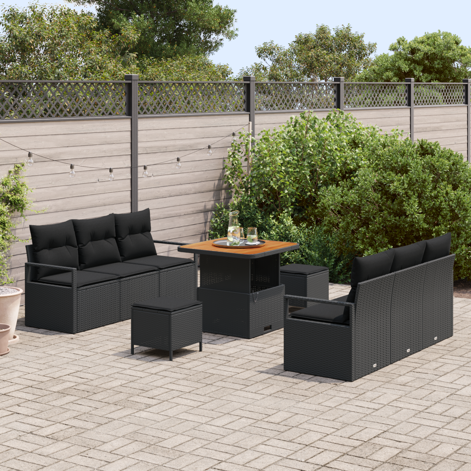 vidaXL 9-delige Tuinbankenset met kussens poly rattan acacia zwart