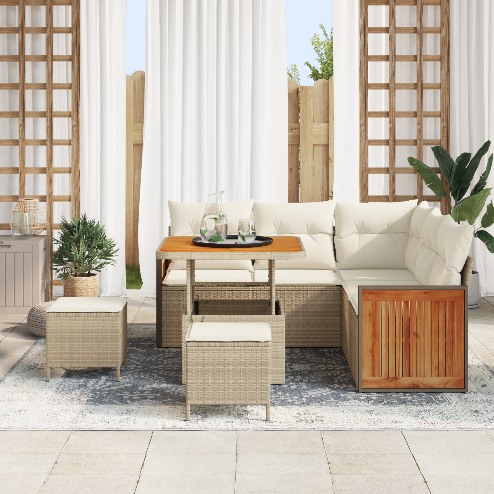 vidaXL 8-delige Tuinbankenset met kussens poly rattan acacia beige