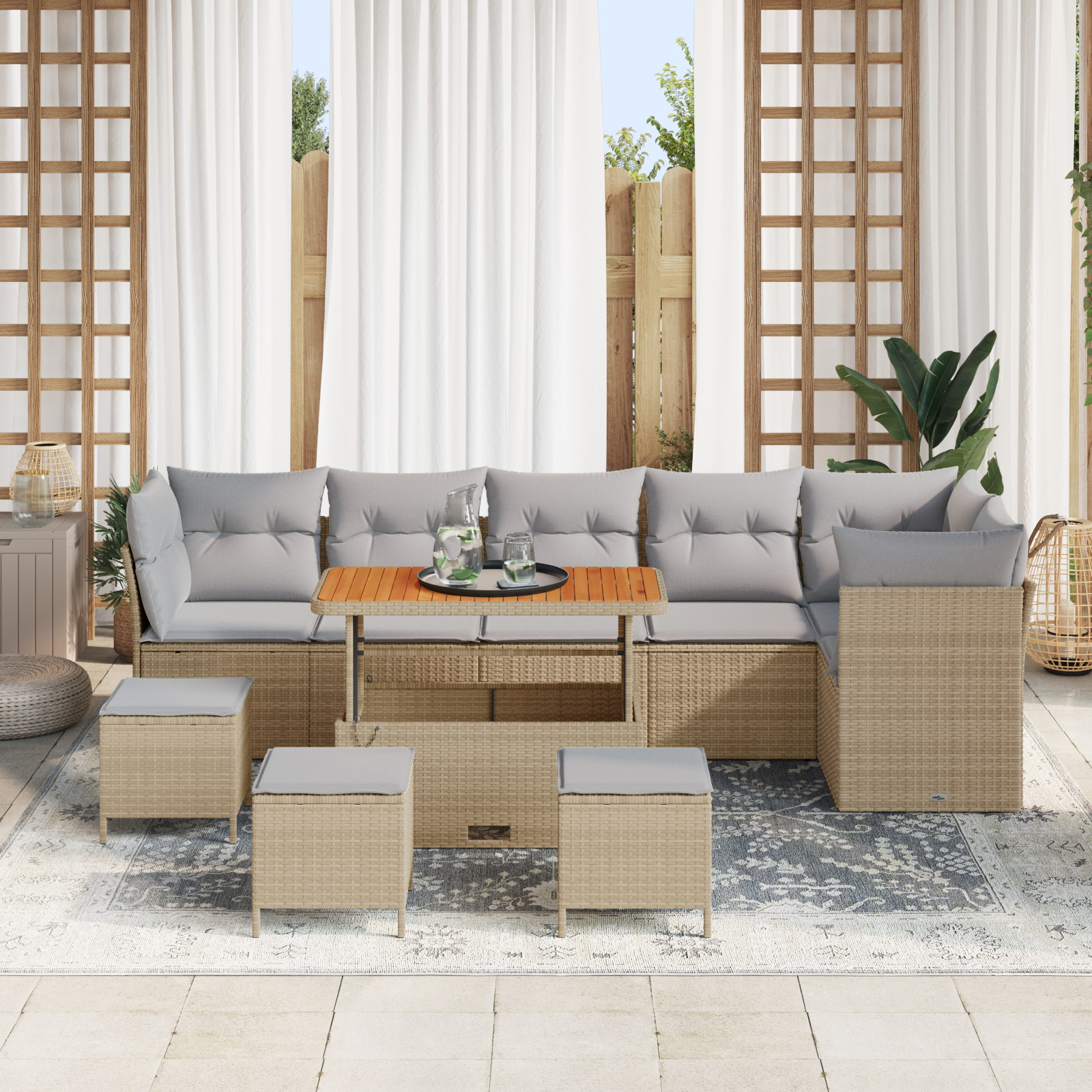vidaXL 10-delige Tuinbankenset met kussens poly rattan acacia beige