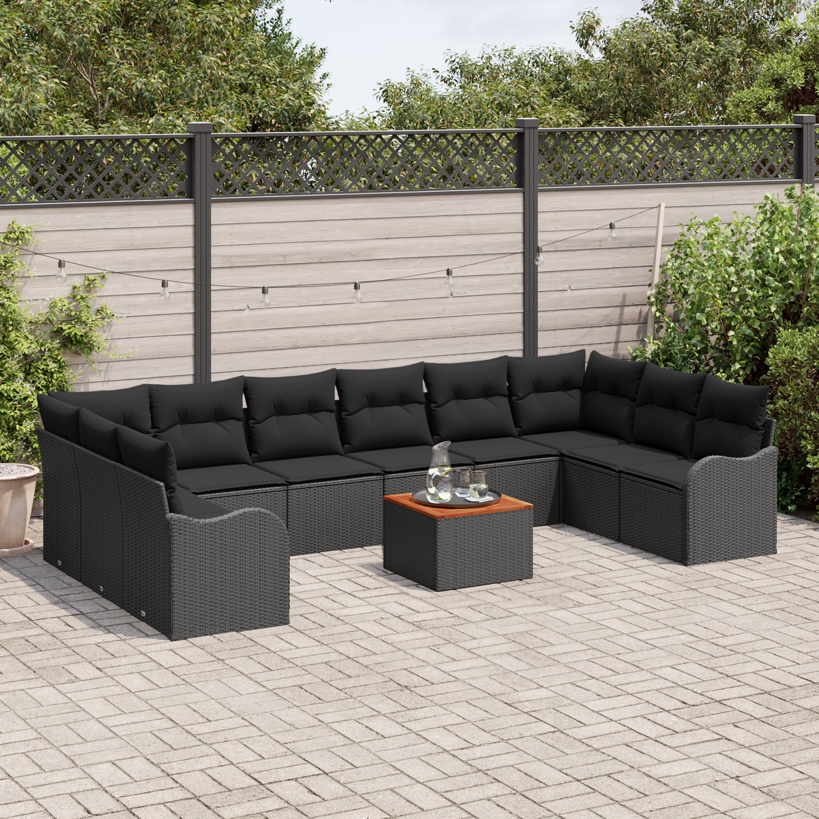 vidaXL 11-delige Tuinset met Kussens Zwart Poly Rattan Acacia