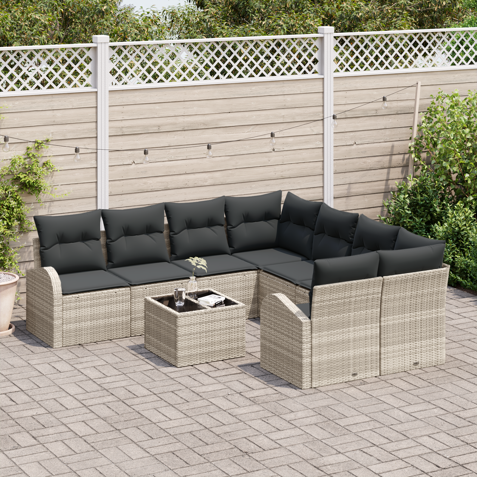 vidaXL 9-delige Tuinbankenset met kussens poly rattan lichtgrijs