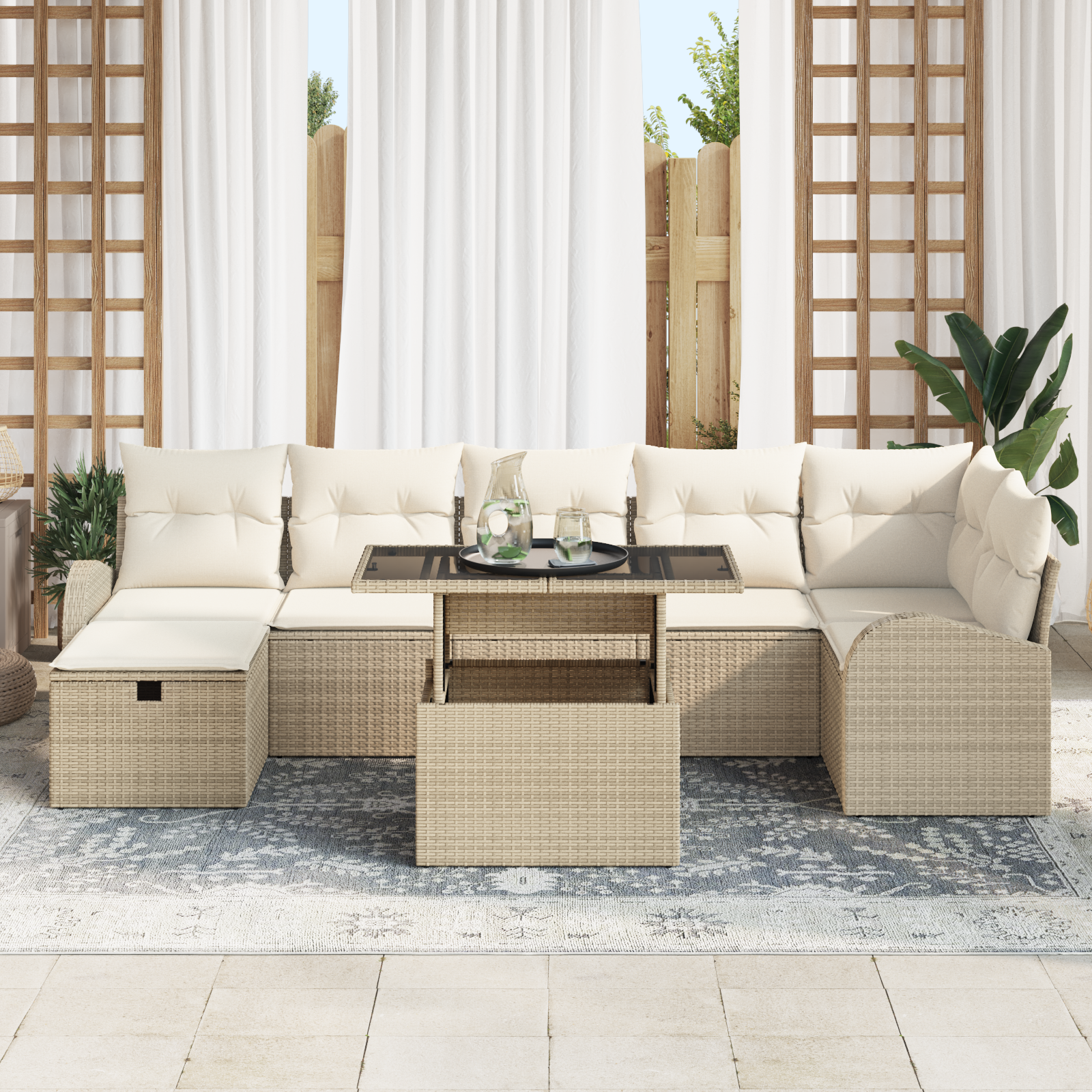 vidaXL 8-delige tuinset met kussens in beige poly riet