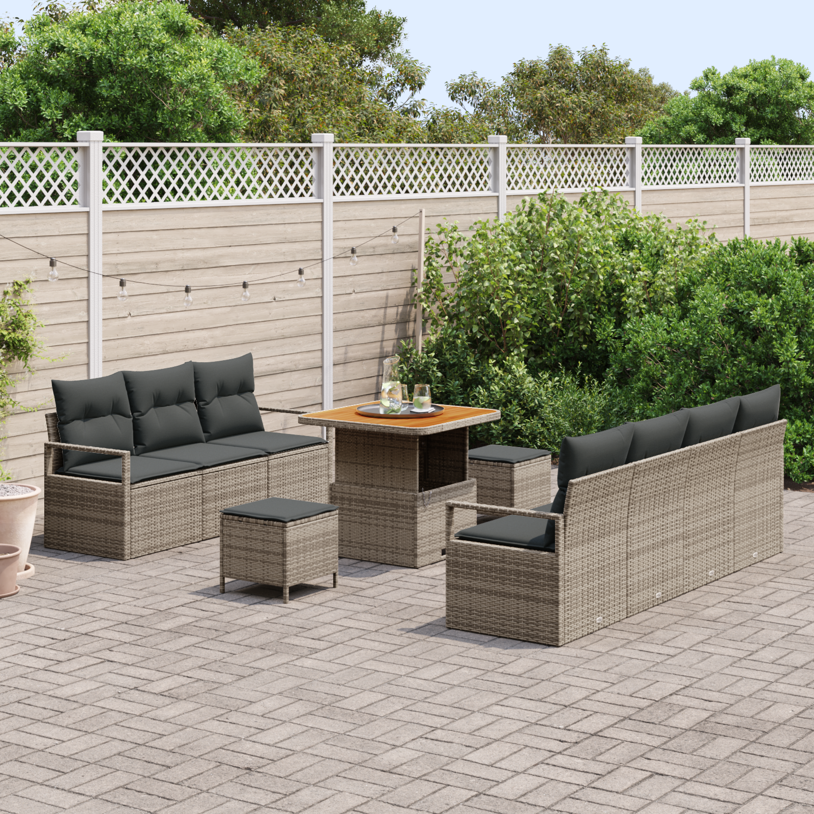 vidaXL 10-delige Tuinbankenset met kussens poly rattan acacia grijs