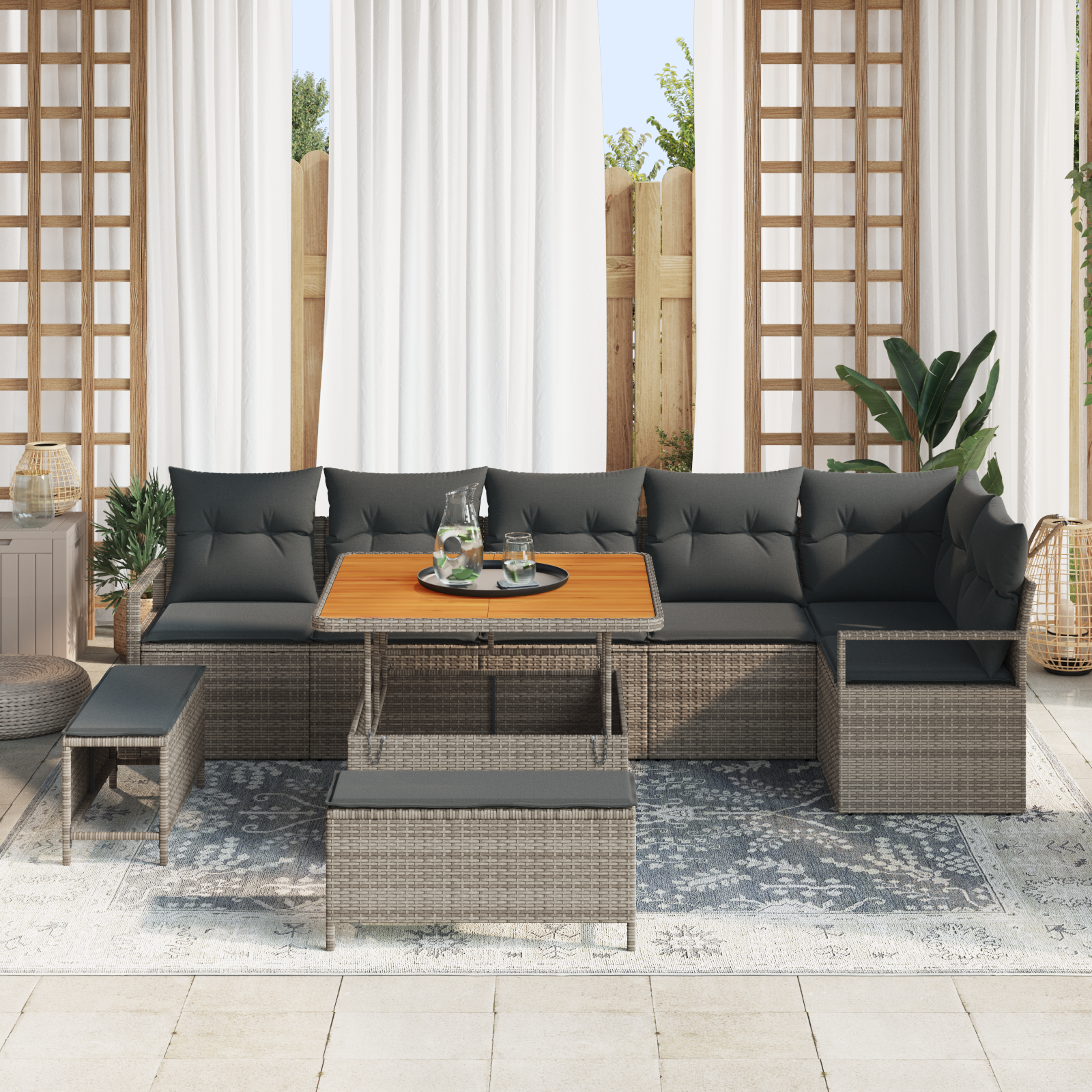 vidaXL 9-delige tuinmeubelset met kussens in grijs poly riet en acacia