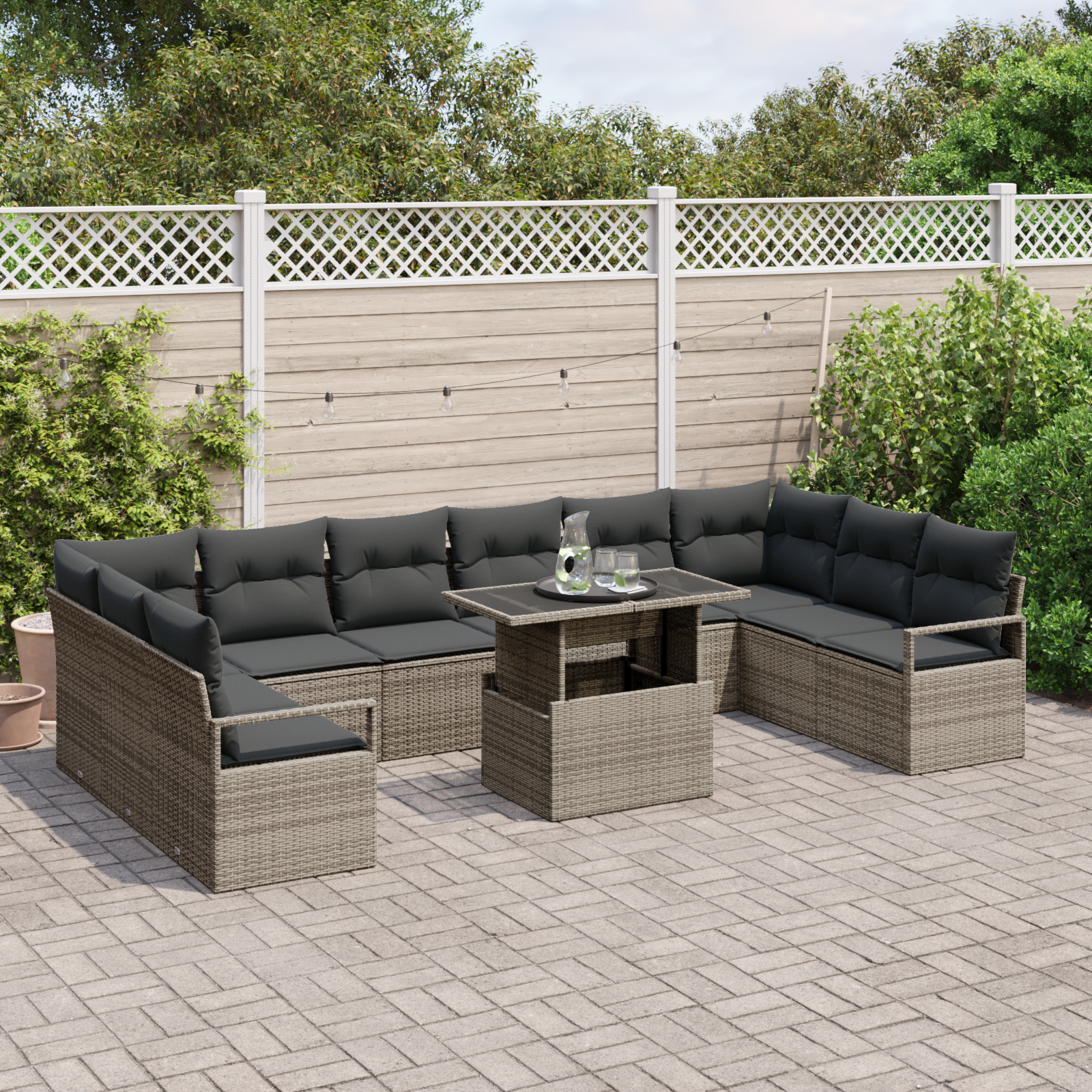 vidaXL 11-delig Tuinbank Set met Kussens Grijs Poly Rattan