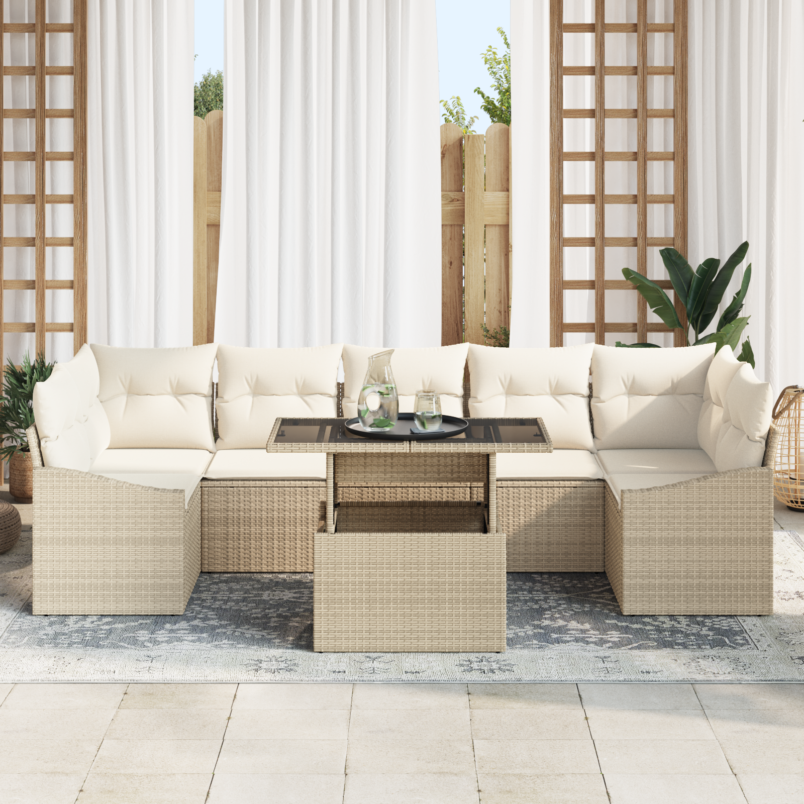 vidaXL 8-delige Tuinbankenset met kussens poly rattan beige