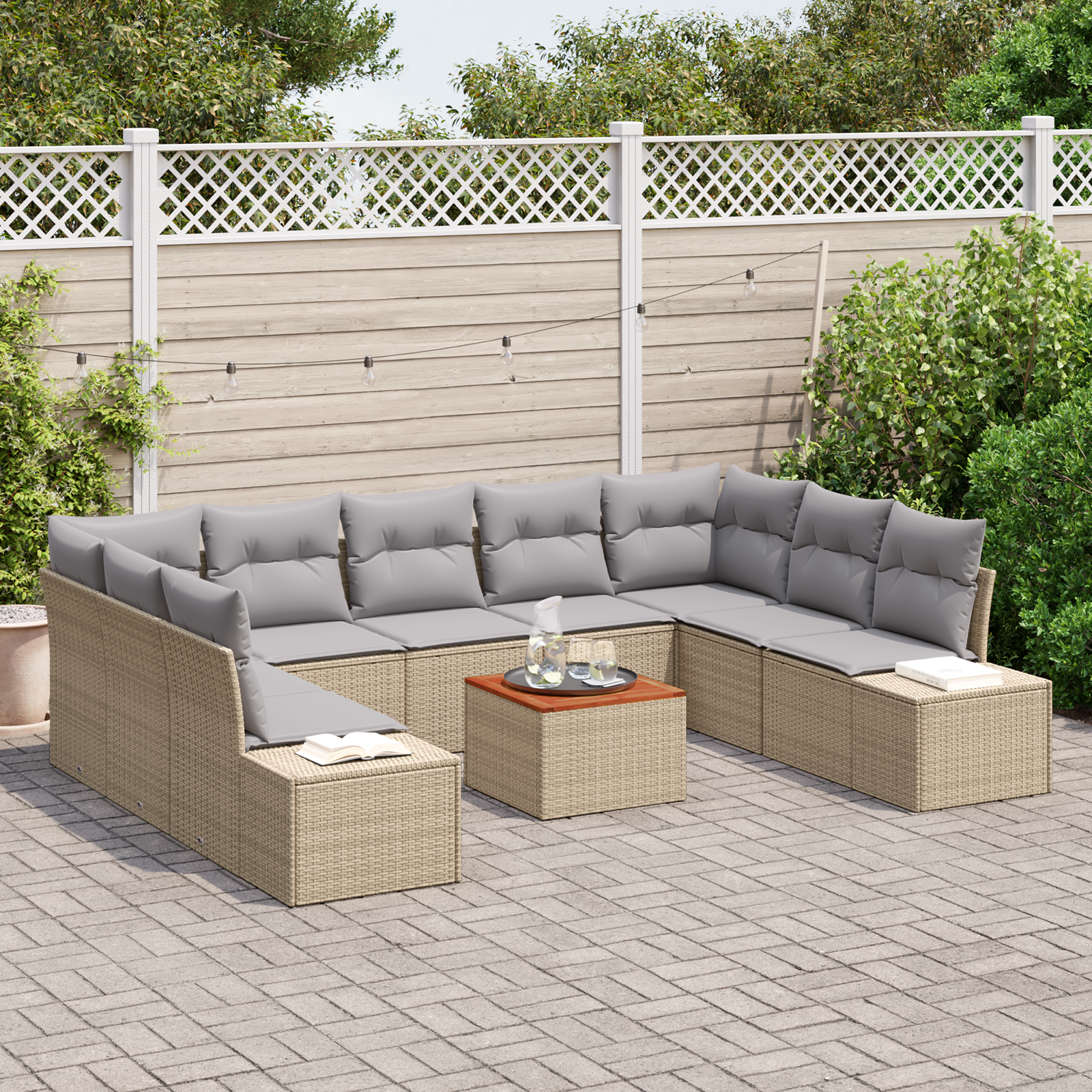 vidaXL 10-delige tuinsofa set met kussens in beige van poly rattan en acacia