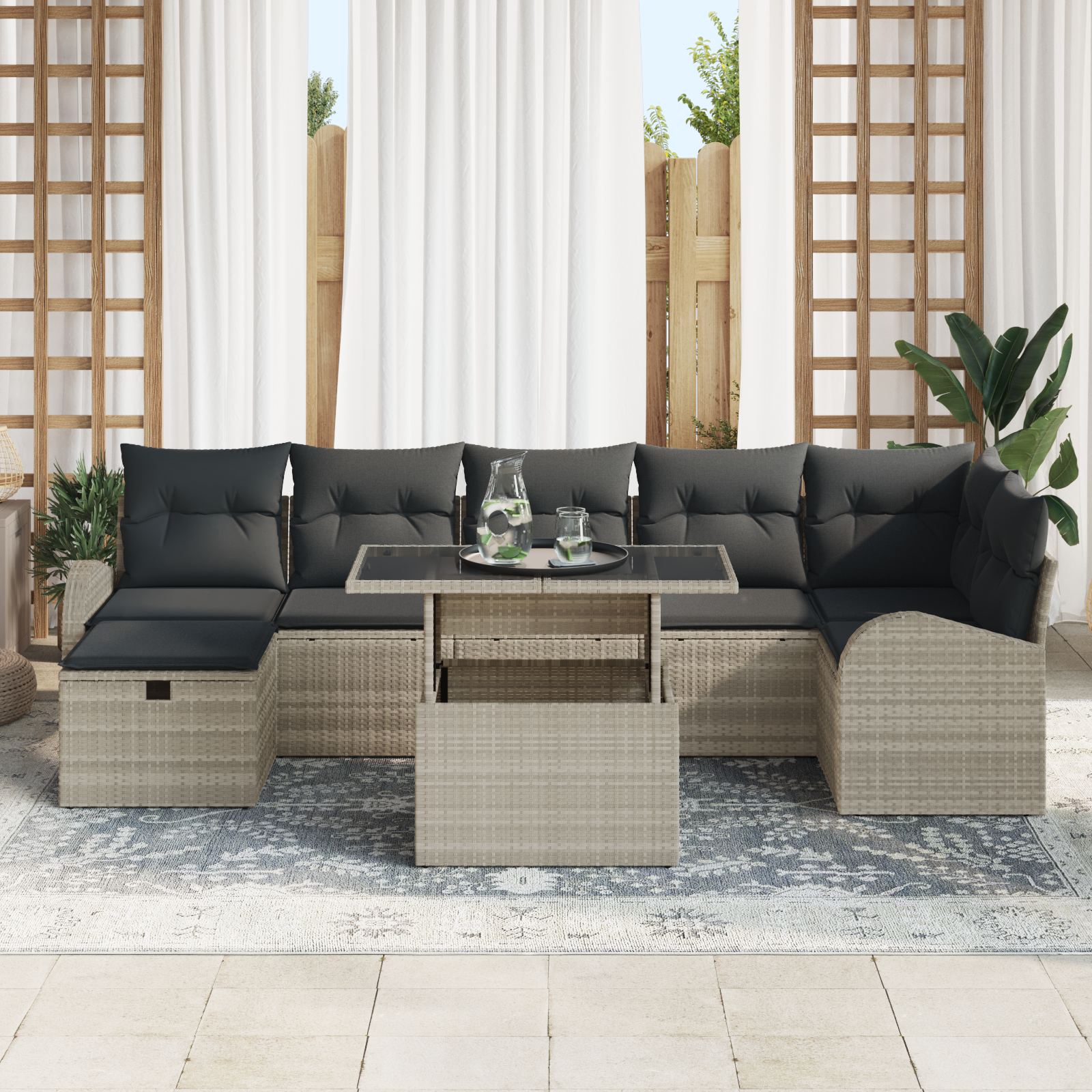 vidaXL 8-delige Tuinbankenset met kussens poly rattan lichtgrijs