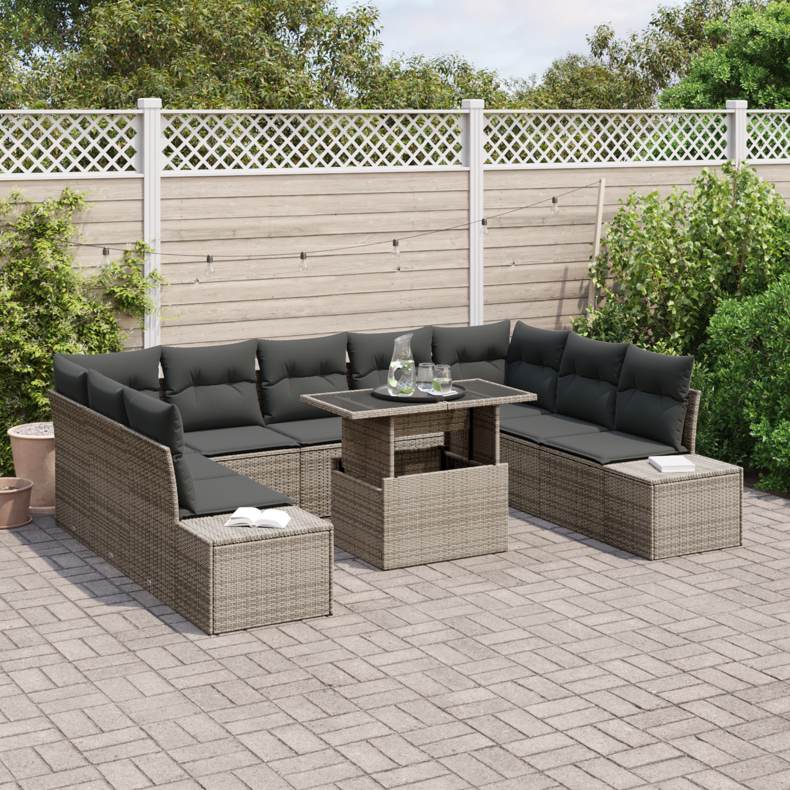 vidaXL 10-delige Tuinbankenset met kussens poly rattan grijs