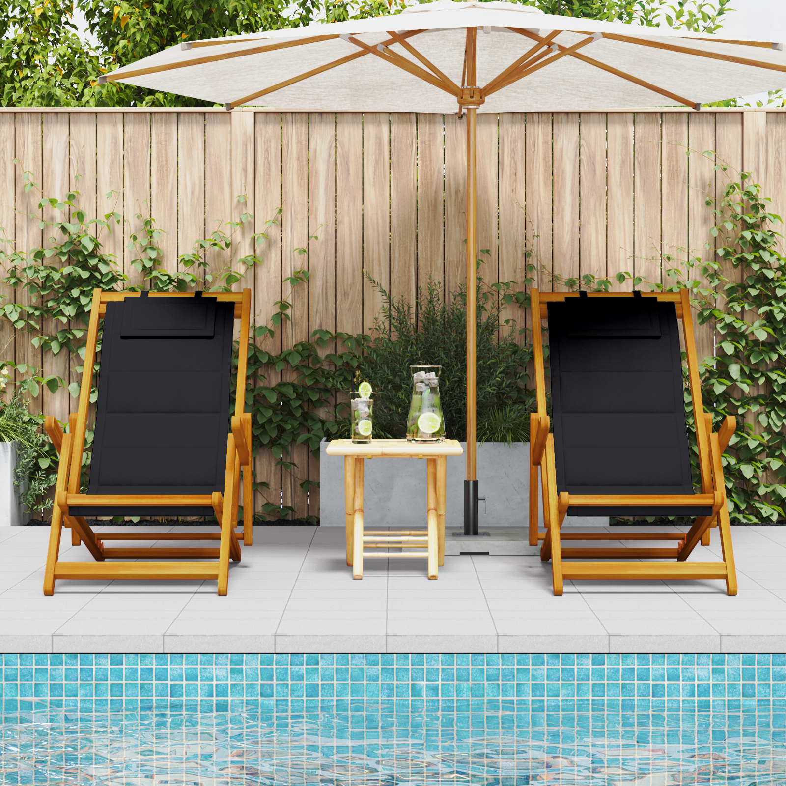 vidaXL Strandstoelen 2 st inklapbaar acaciahout en textileen zwart