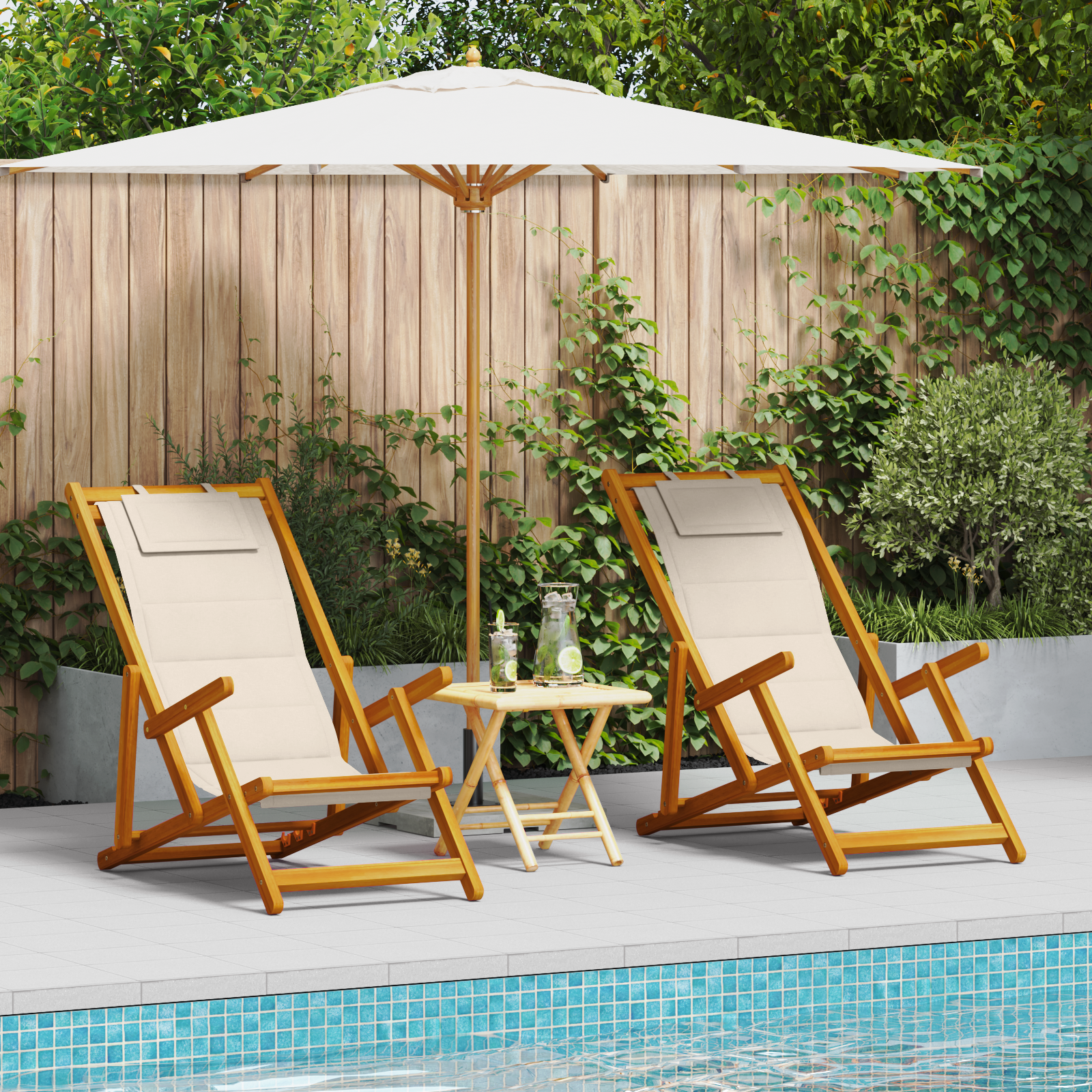 vidaXL Strandstoelen 2 st inklapbaar acaciahout textileen crèmekleur
