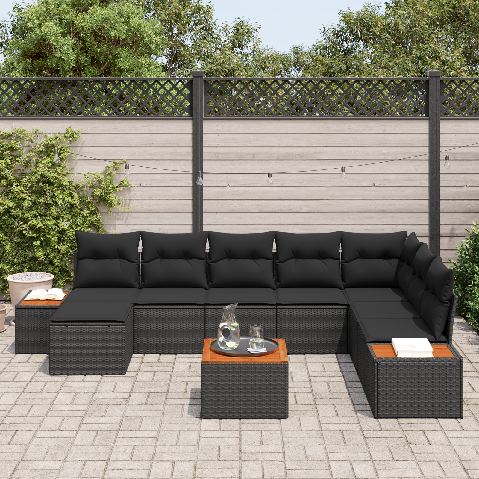 vidaXL 9-delige tuinbankset met kussens zwart poly rattan acacia