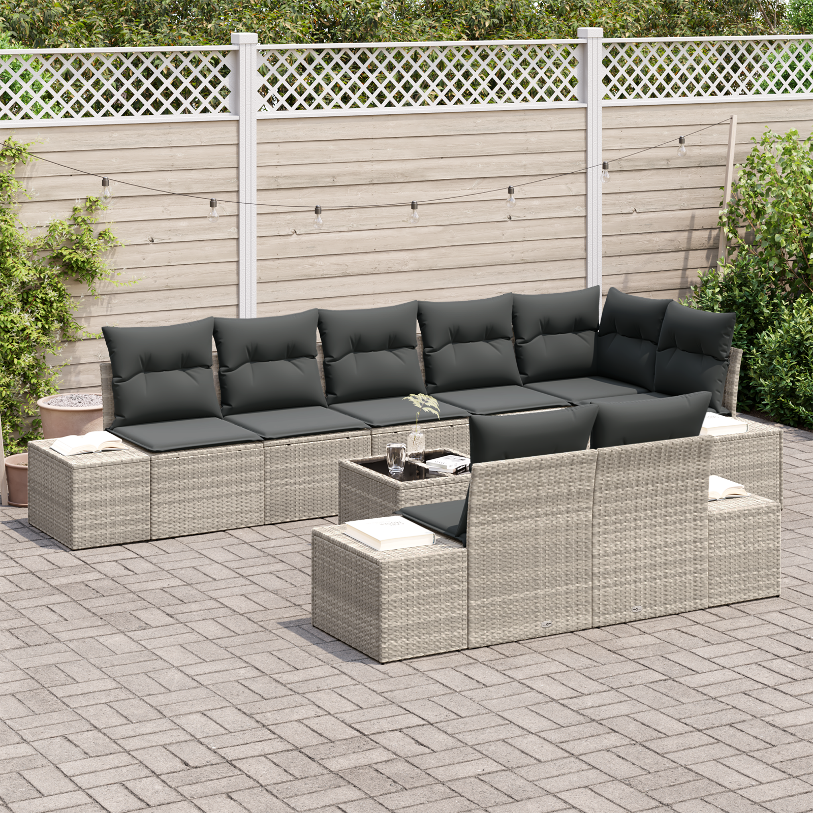 vidaXL 9-delige Tuinbankenset met kussens poly rattan grijs