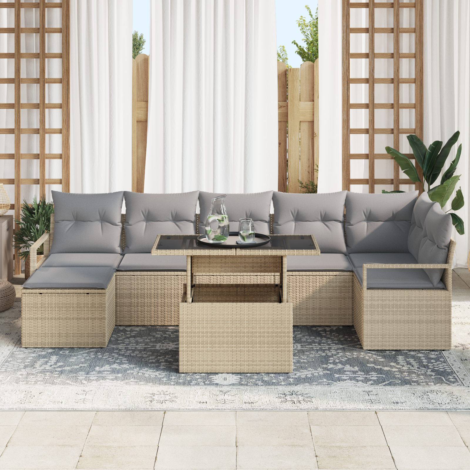 vidaXL 8-delige Tuinbankenset met kussens poly rattan beige