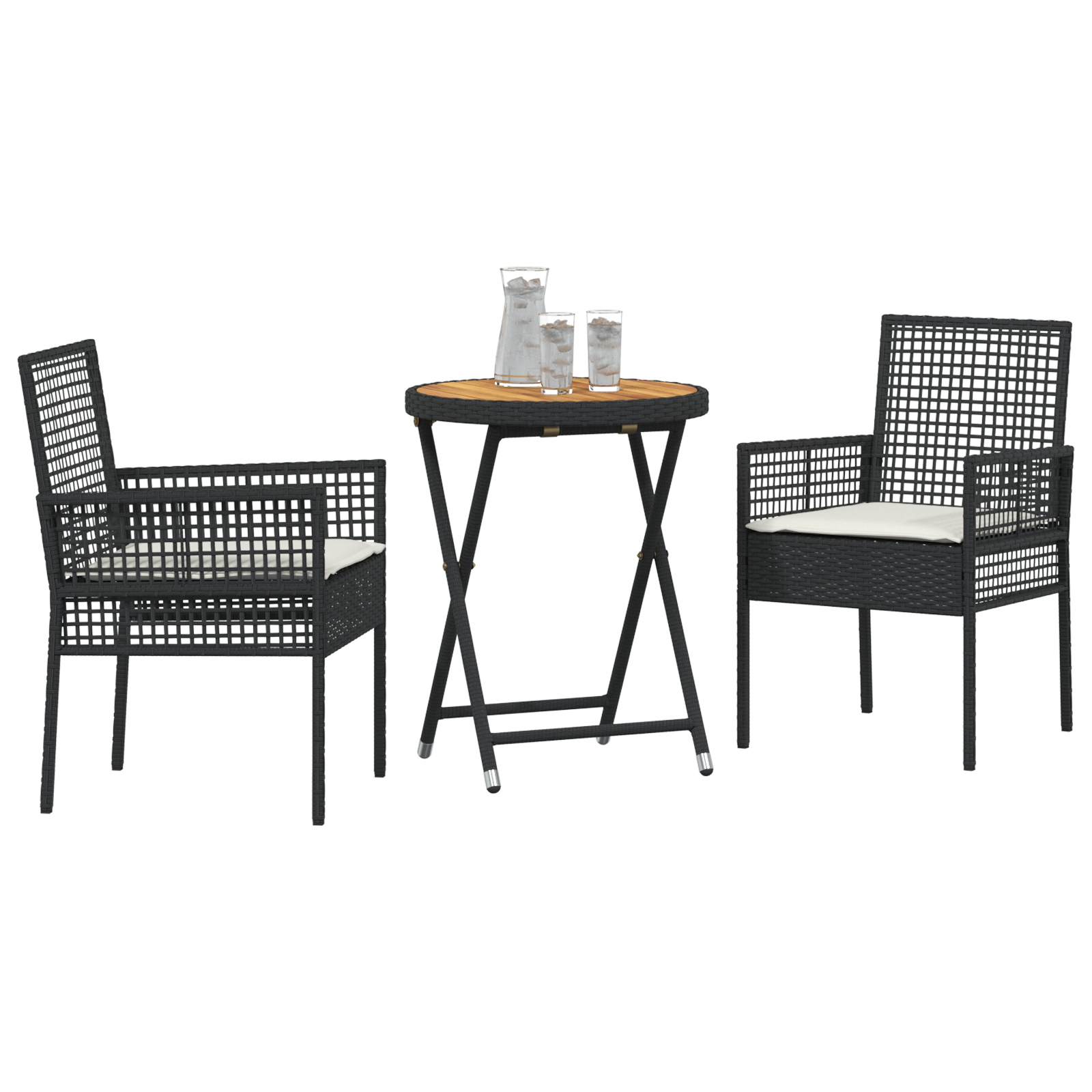 vidaXL 3-delige Tuinbistroset met kussens poly rattan zwart
