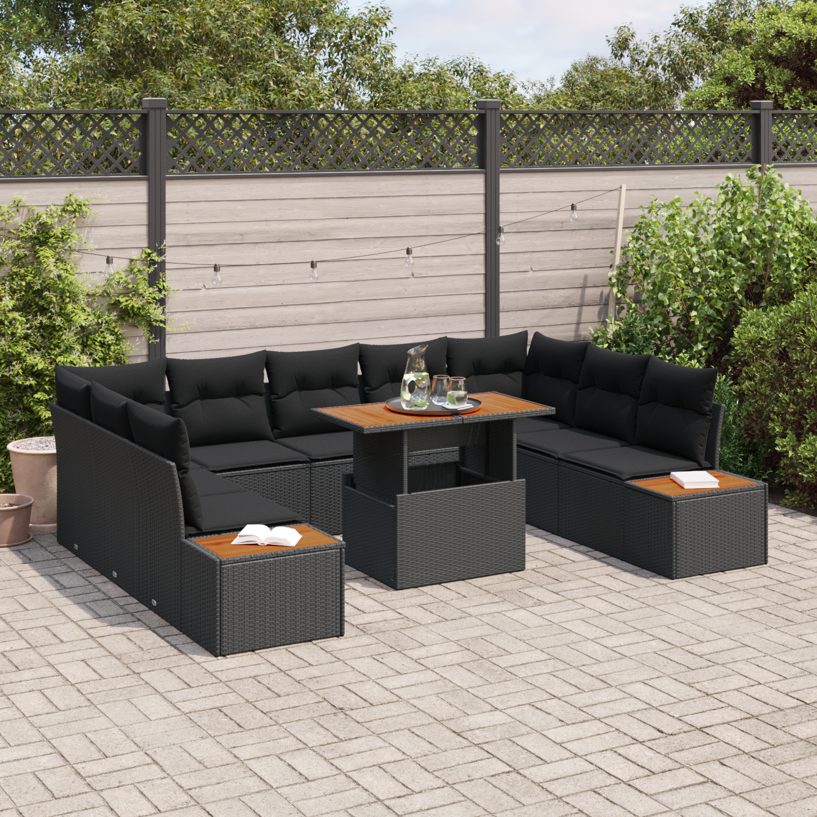 vidaXL 10-delige tuinset met kussens zwart poly rattan en acacia