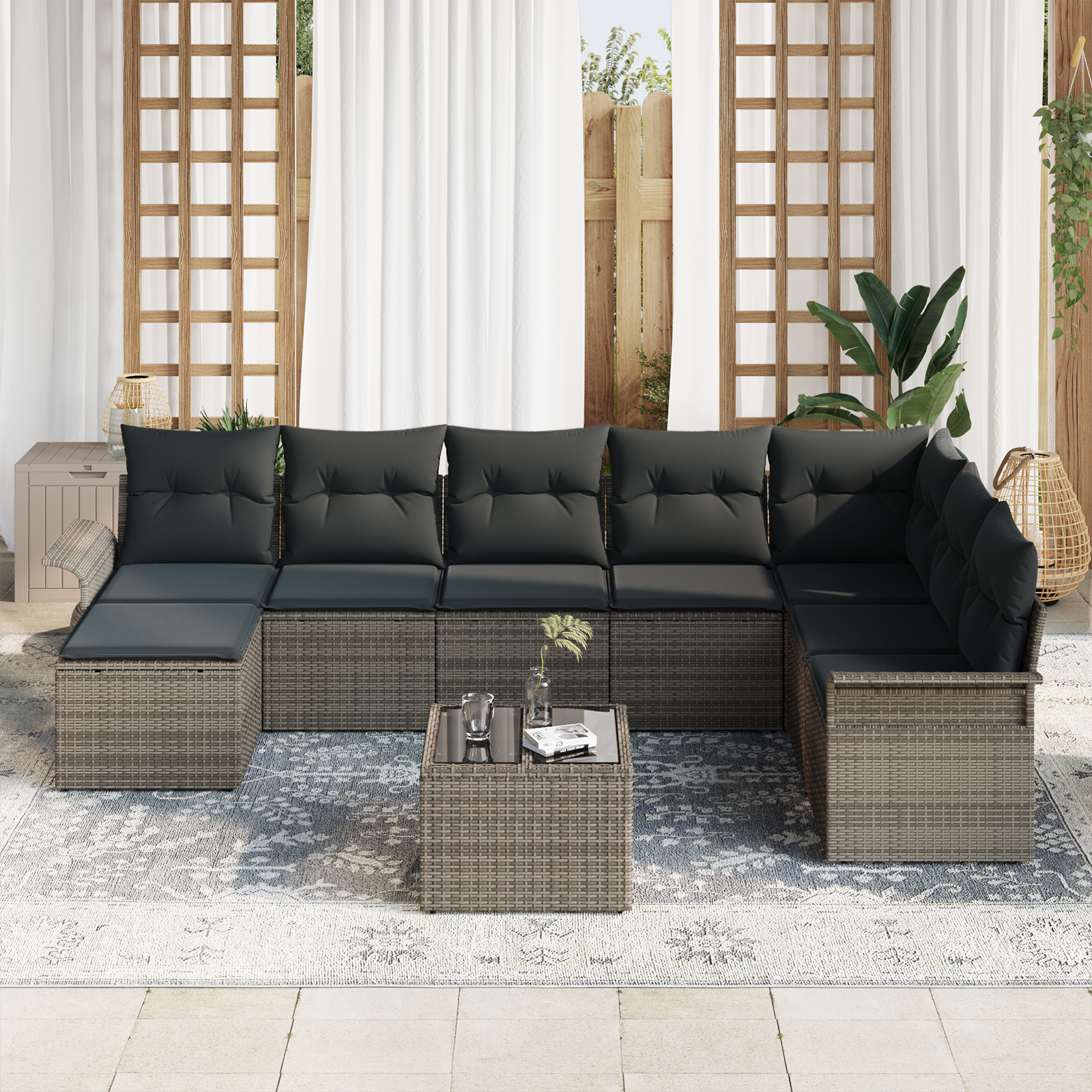 vidaXL Tuinbank 2-zits met opbergruimte en kussens poly rattan grijs
