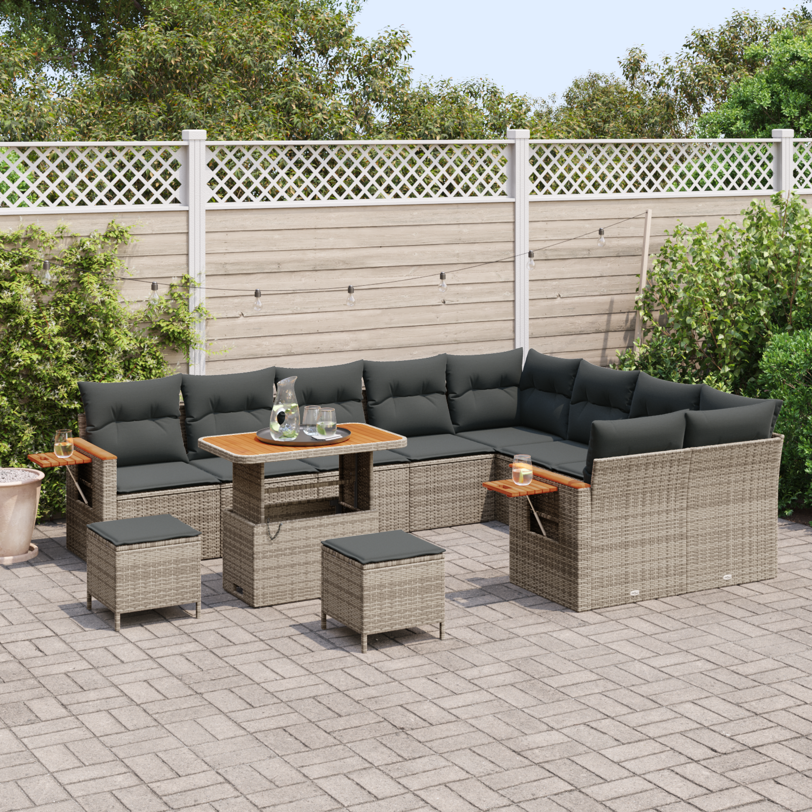 vidaXL 12-delige Tuinbankenset met kussens poly rattan acacia grijs