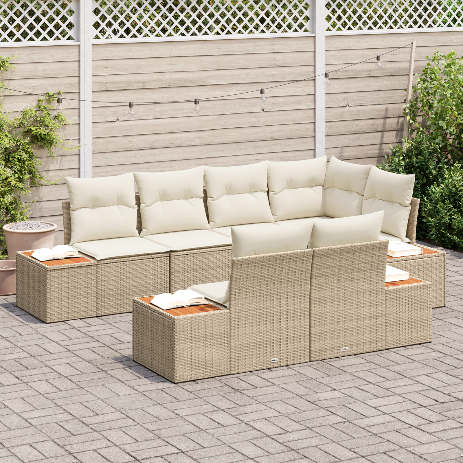 vidaXL 7-delige tuinsofa set met kussens in beige van poly rattan en acacia