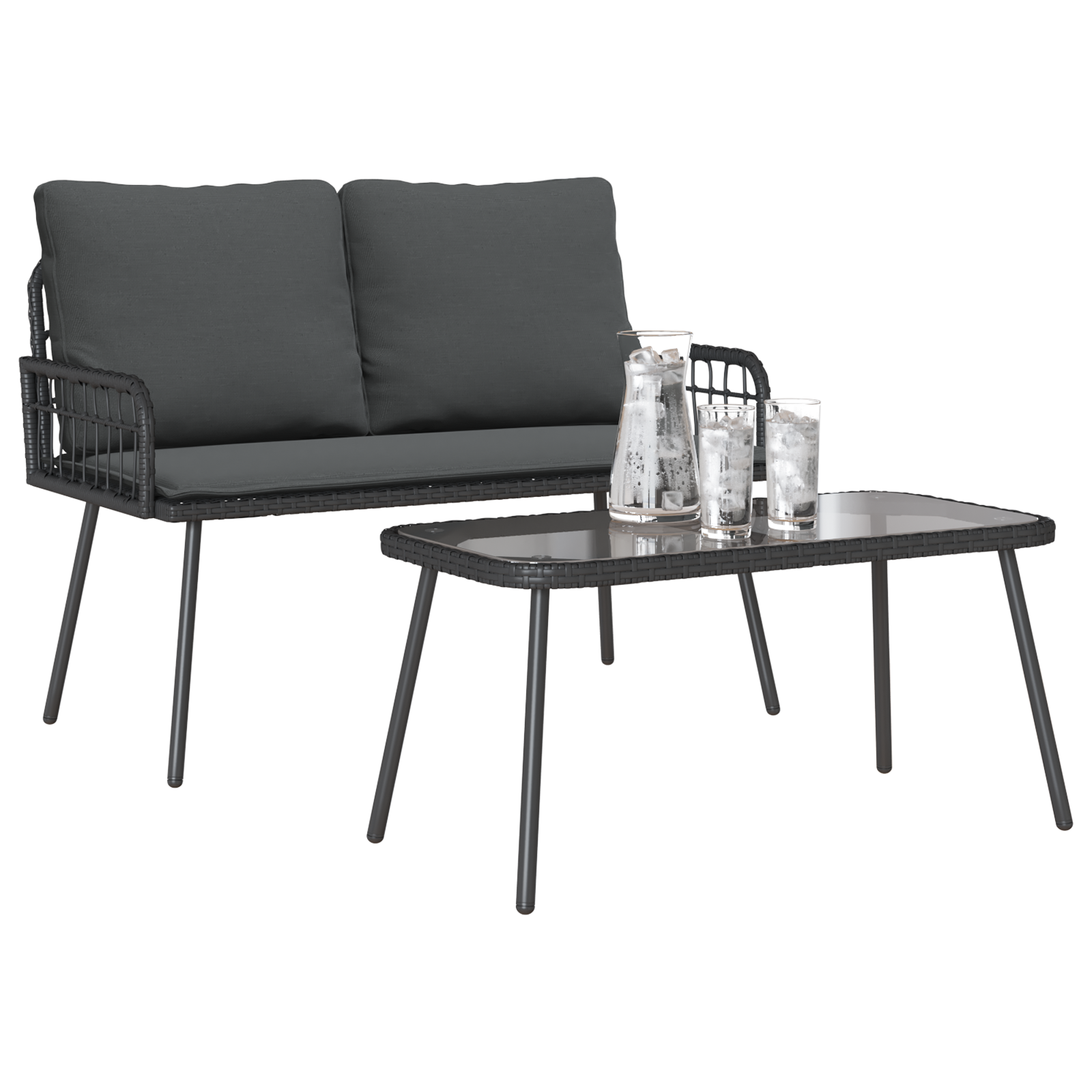 vidaXL 2-delige tuinset met kussens zwart poly rattan