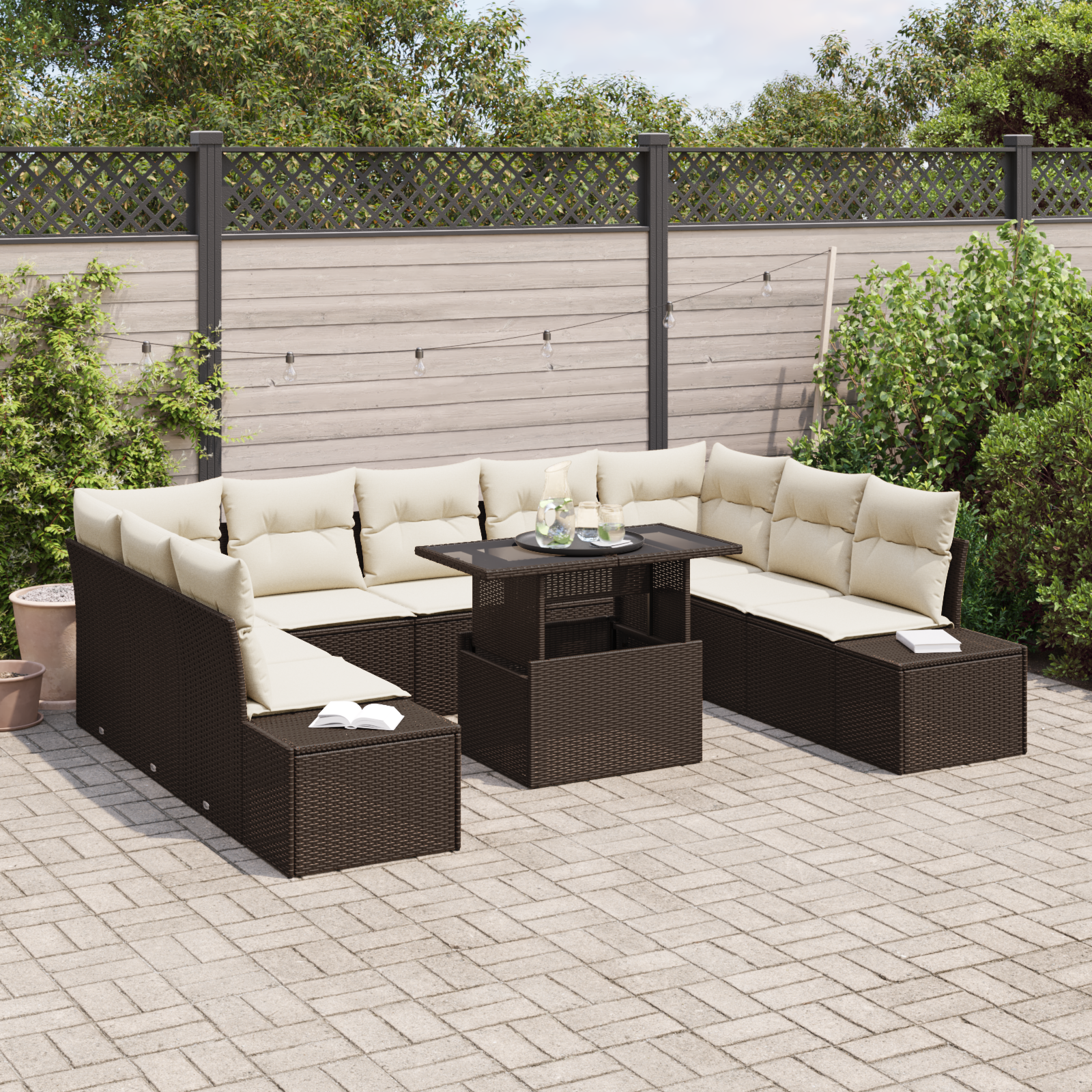 vidaXL 10-delige Tuinbankenset met kussens poly rattan bruin