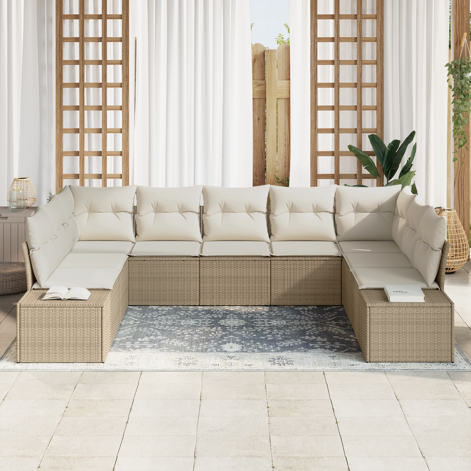 vidaXL 9-delige tuinset met kussens in beige poly rattan