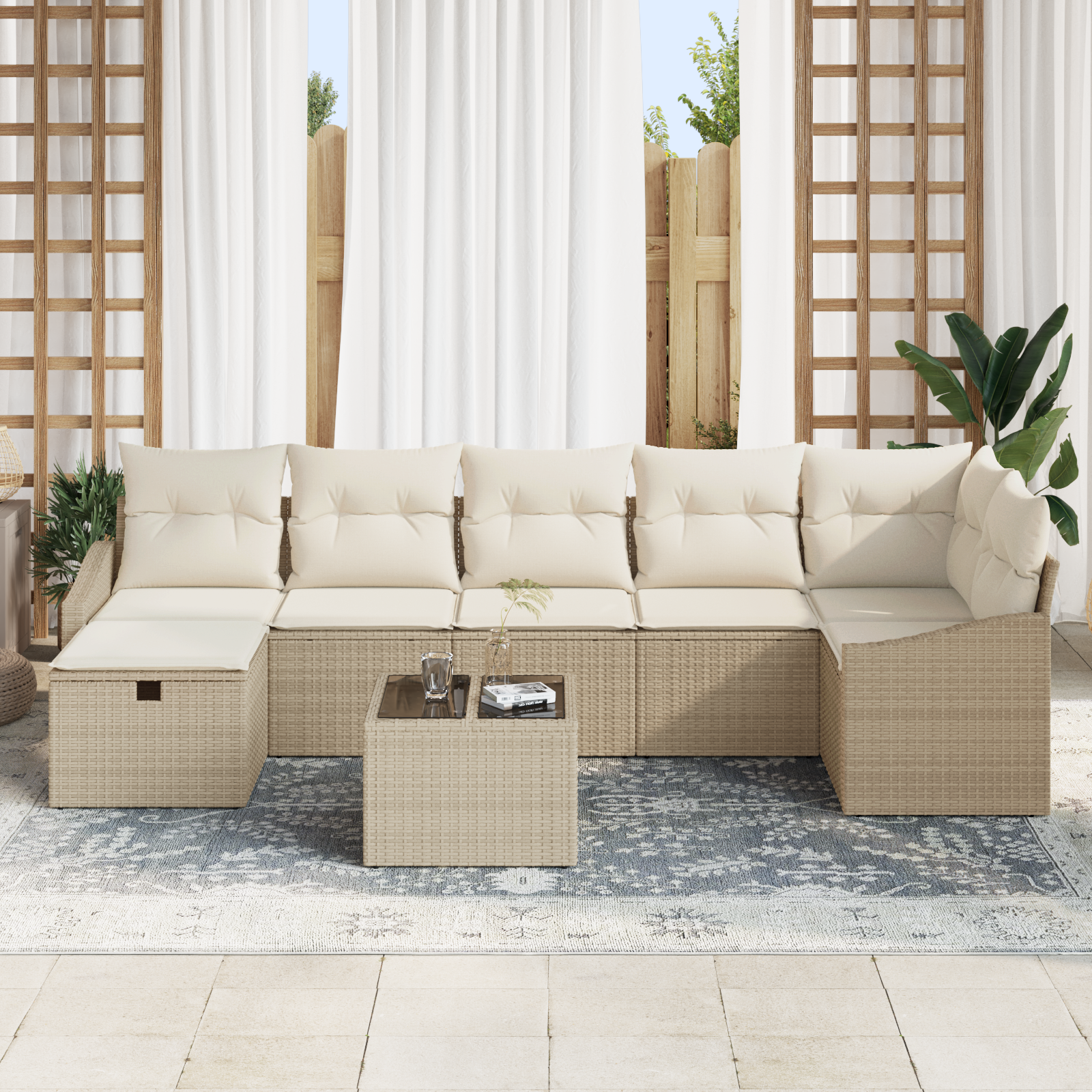vidaXL 8-delige Tuinbankenset met kussens poly rattan beige