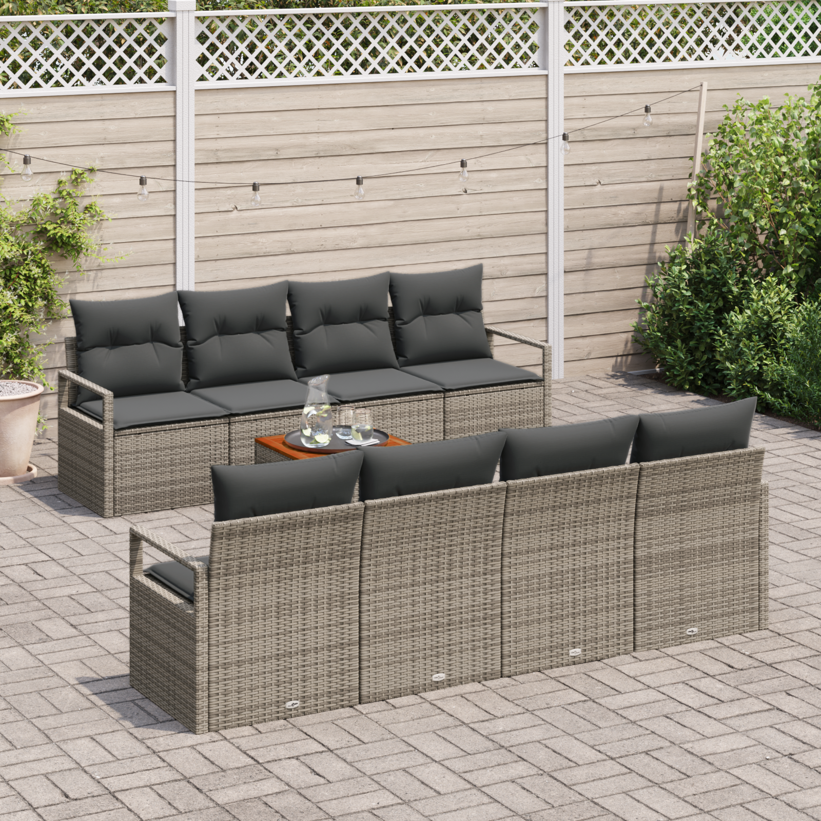 vidaXL 9-delige Tuinbankenset met kussens poly rattan acacia grijs