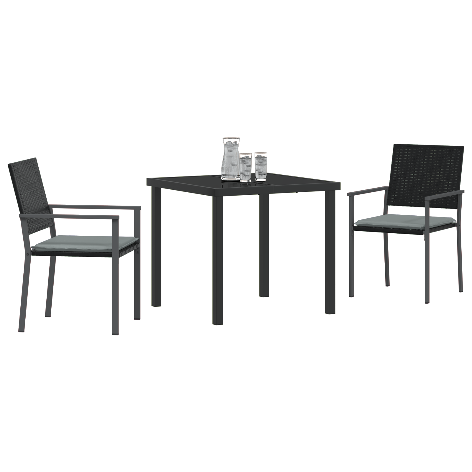 vidaXL 3-delige Tuin Eettafel Set met Kussens Zwart Poly Rattan