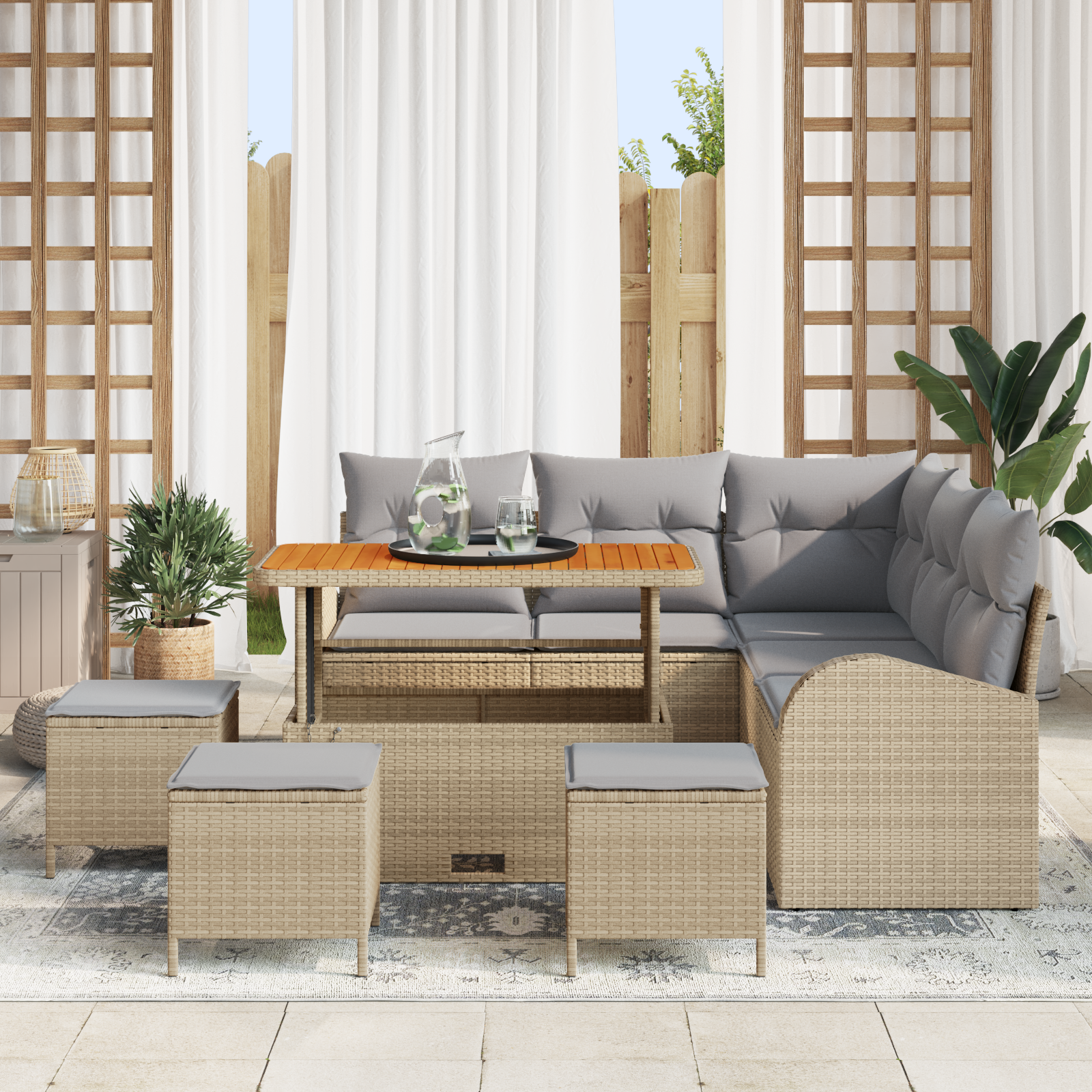 vidaXL 9-delige Tuinbankenset met kussens poly rattan acacia beige