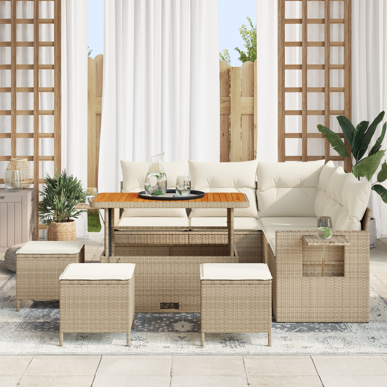 vidaXL 9-delige Tuinbankenset met kussens poly rattan acacia beige