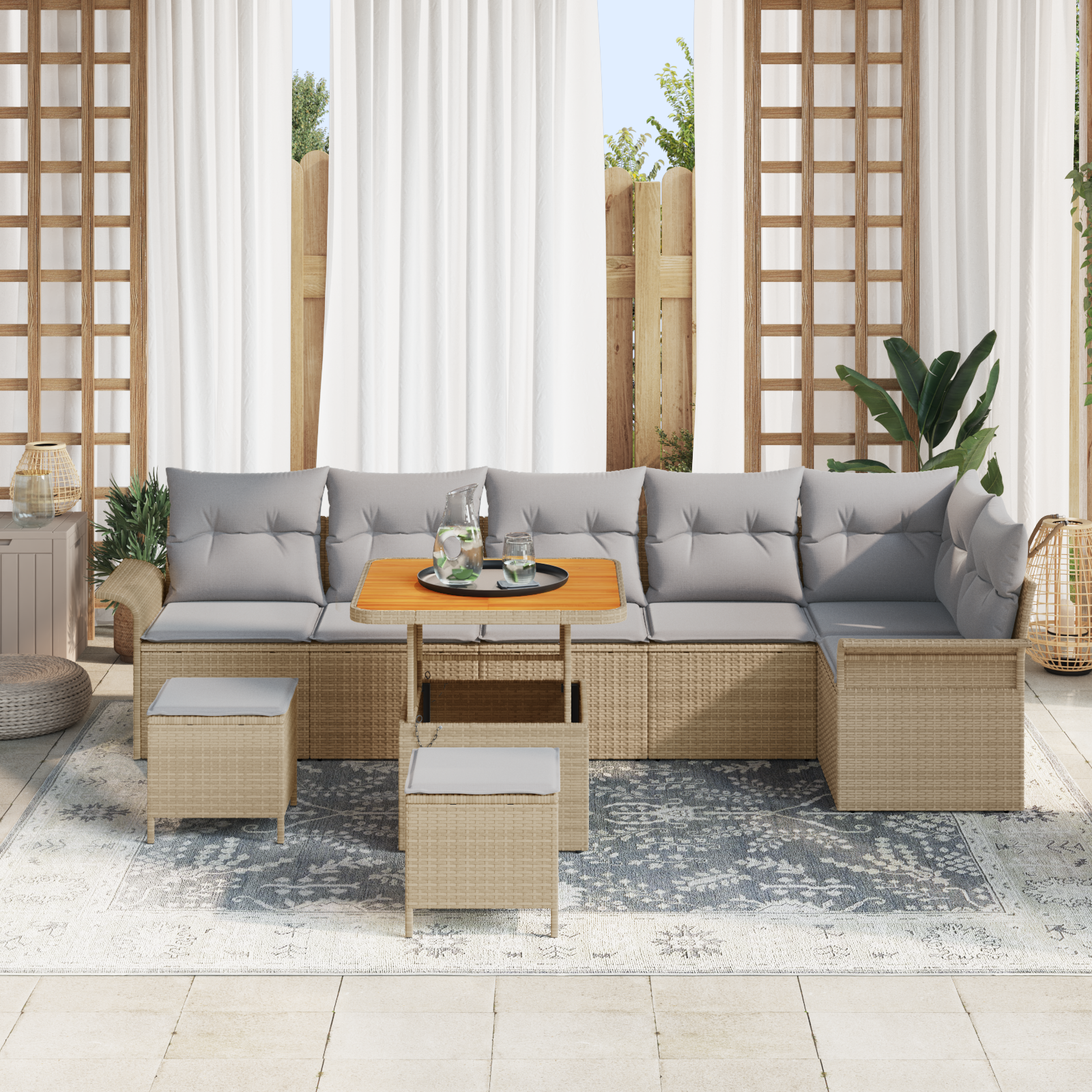 vidaXL 9-delige Tuinbankenset met kussens poly rattan acacia beige