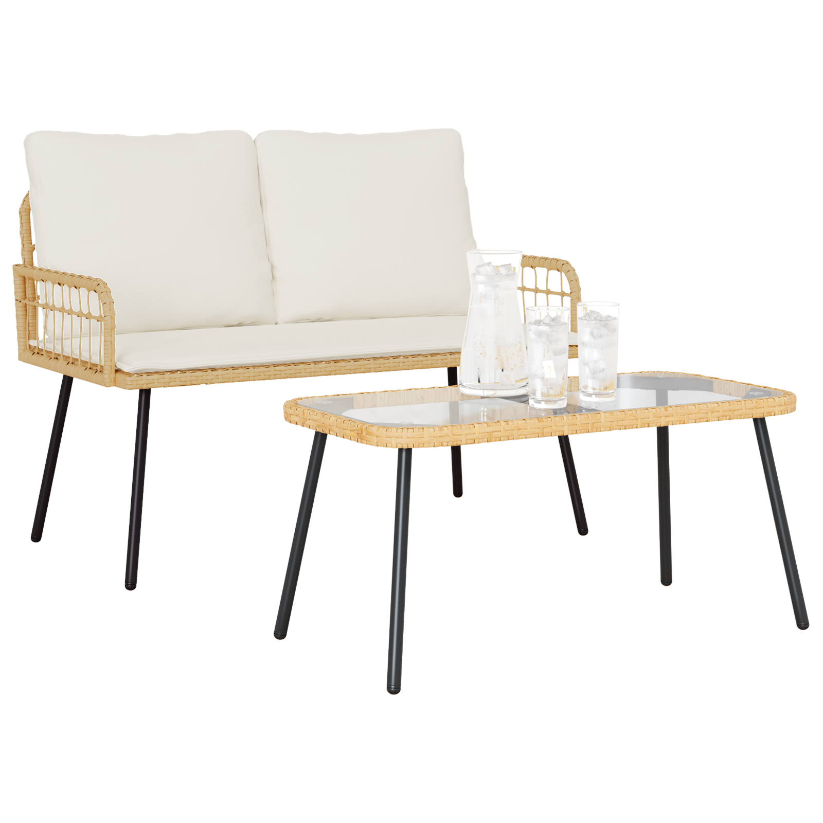 vidaXL 2-delige tuinset met kussens van natuurlijk poly rattan