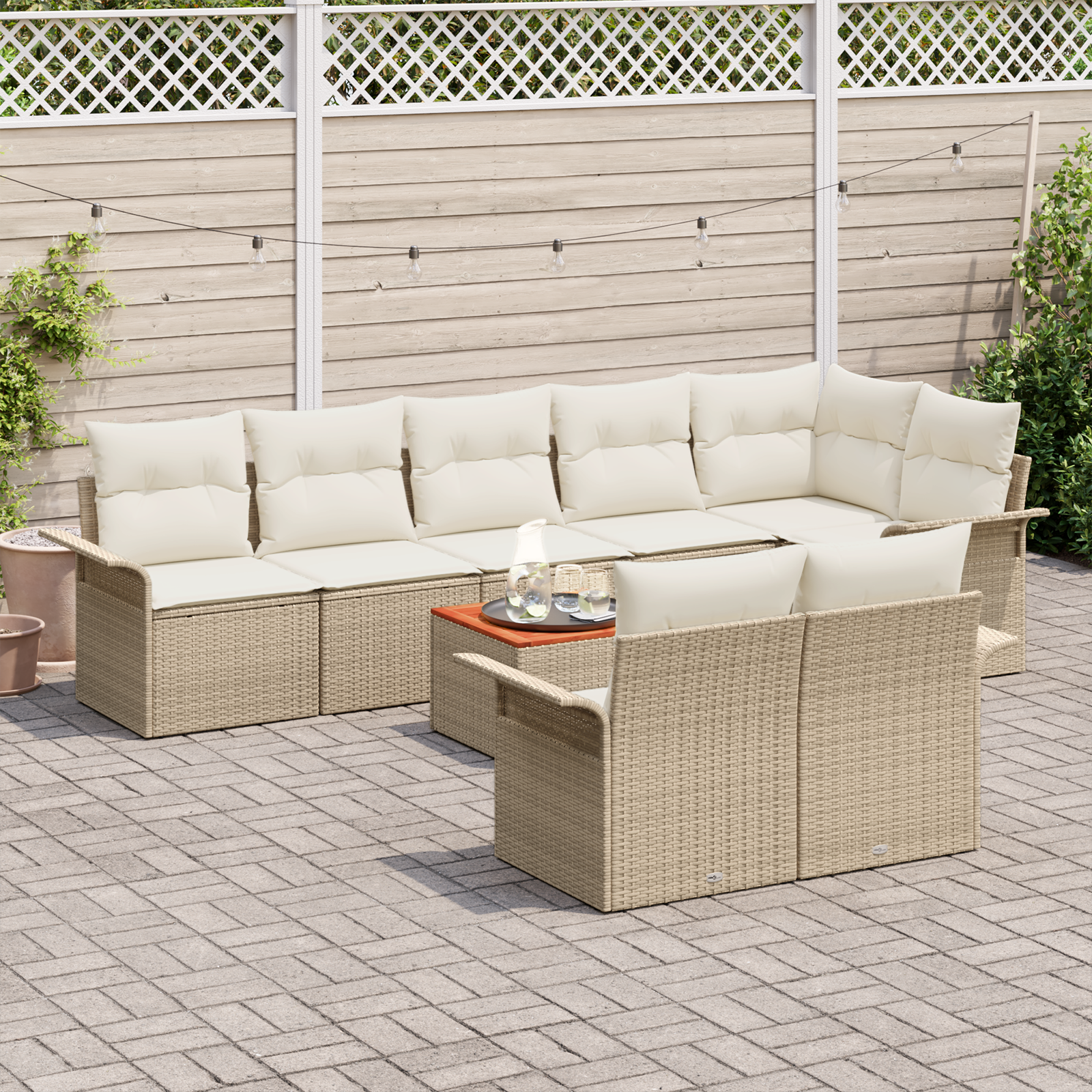 vidaXL 9-delige Tuinbankenset met kussens poly rattan acacia beige