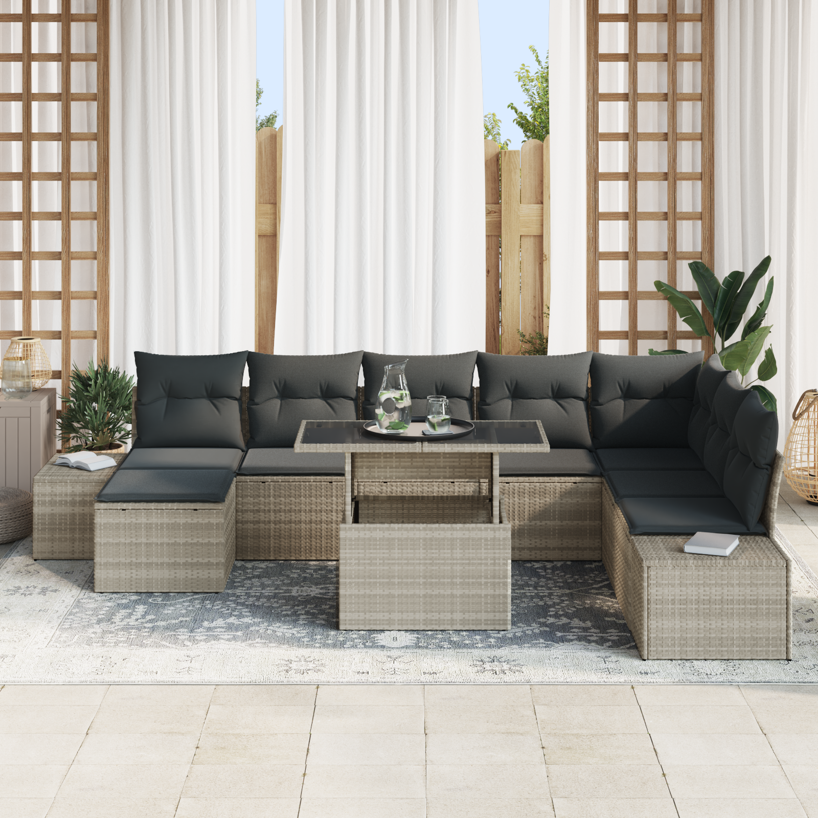 vidaXL 9-delige Tuinbankenset met kussens poly rattan lichtgrijs