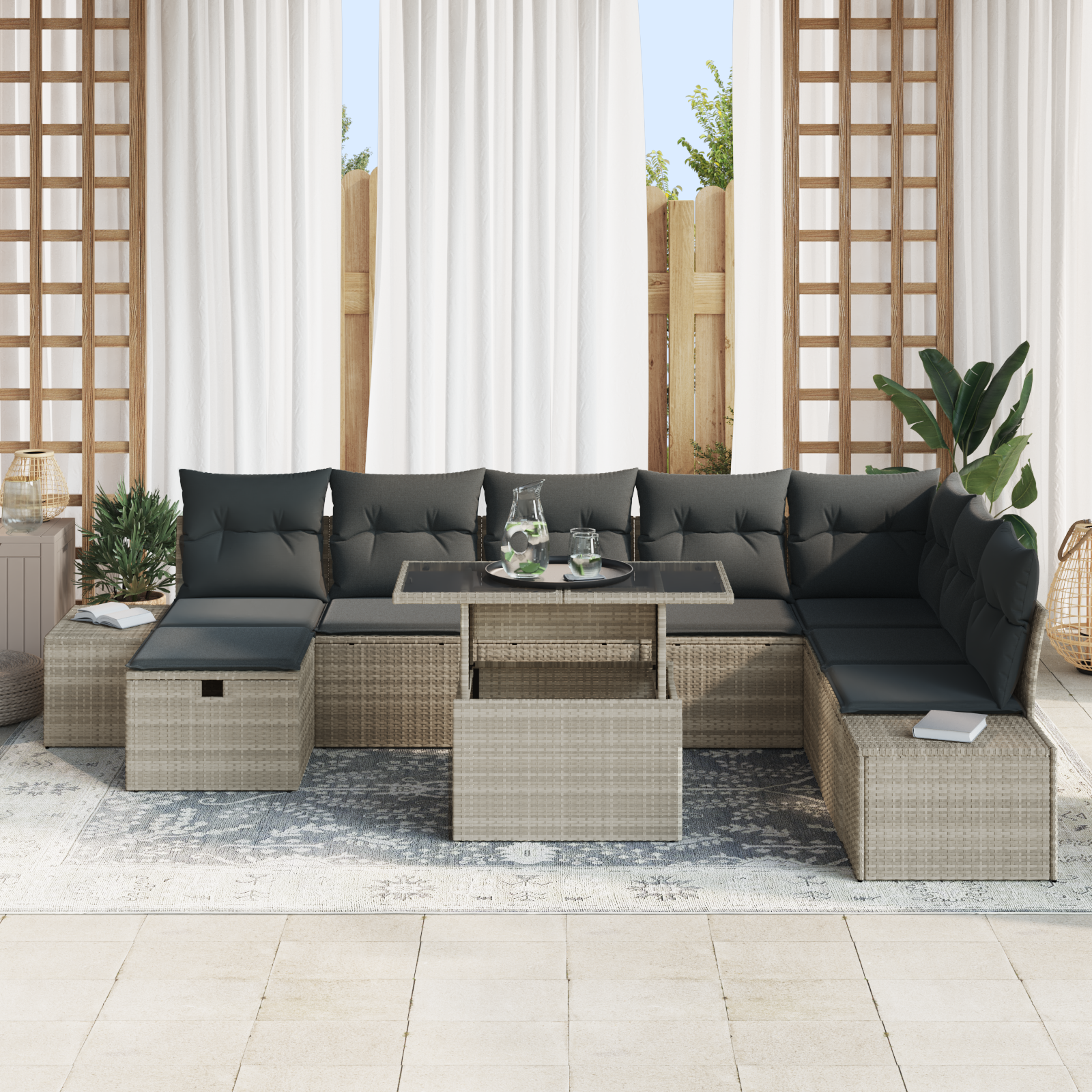 vidaXL 9-delige Tuinbankenset met kussens poly rattan lichtgrijs
