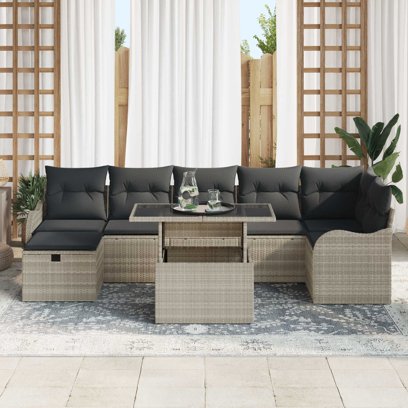 vidaXL 8-delige tuinset met kussens in lichtgrijs poly rattan