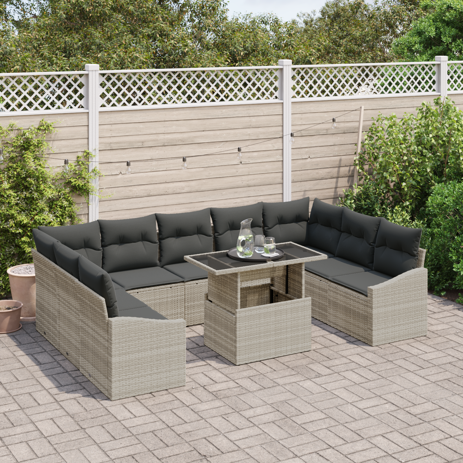 vidaXL 10-delige Tuinbankenset met kussens poly rattan lichtgrijs