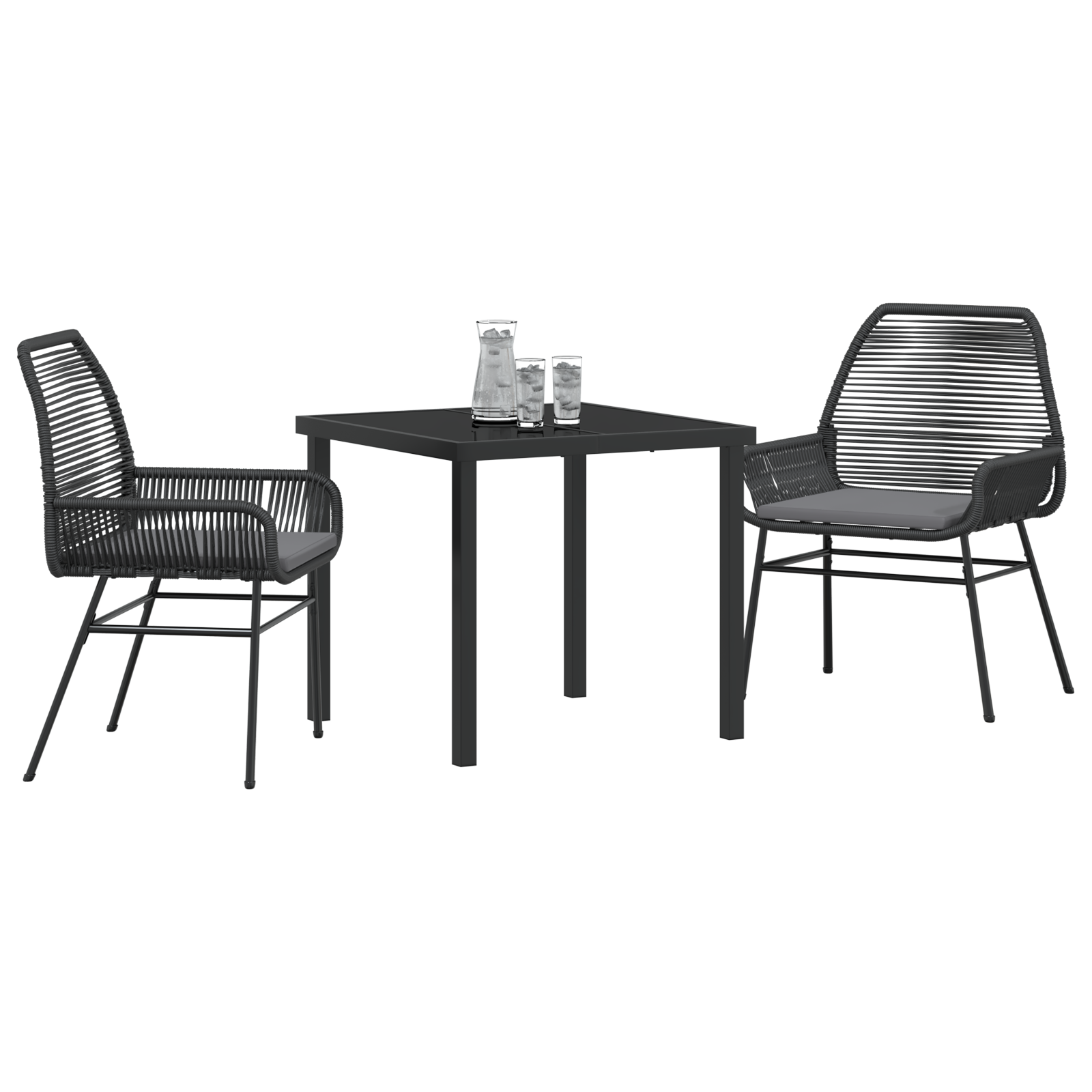 vidaXL 3-delige eetset voor in de tuin met kussens in zwart poly rattan