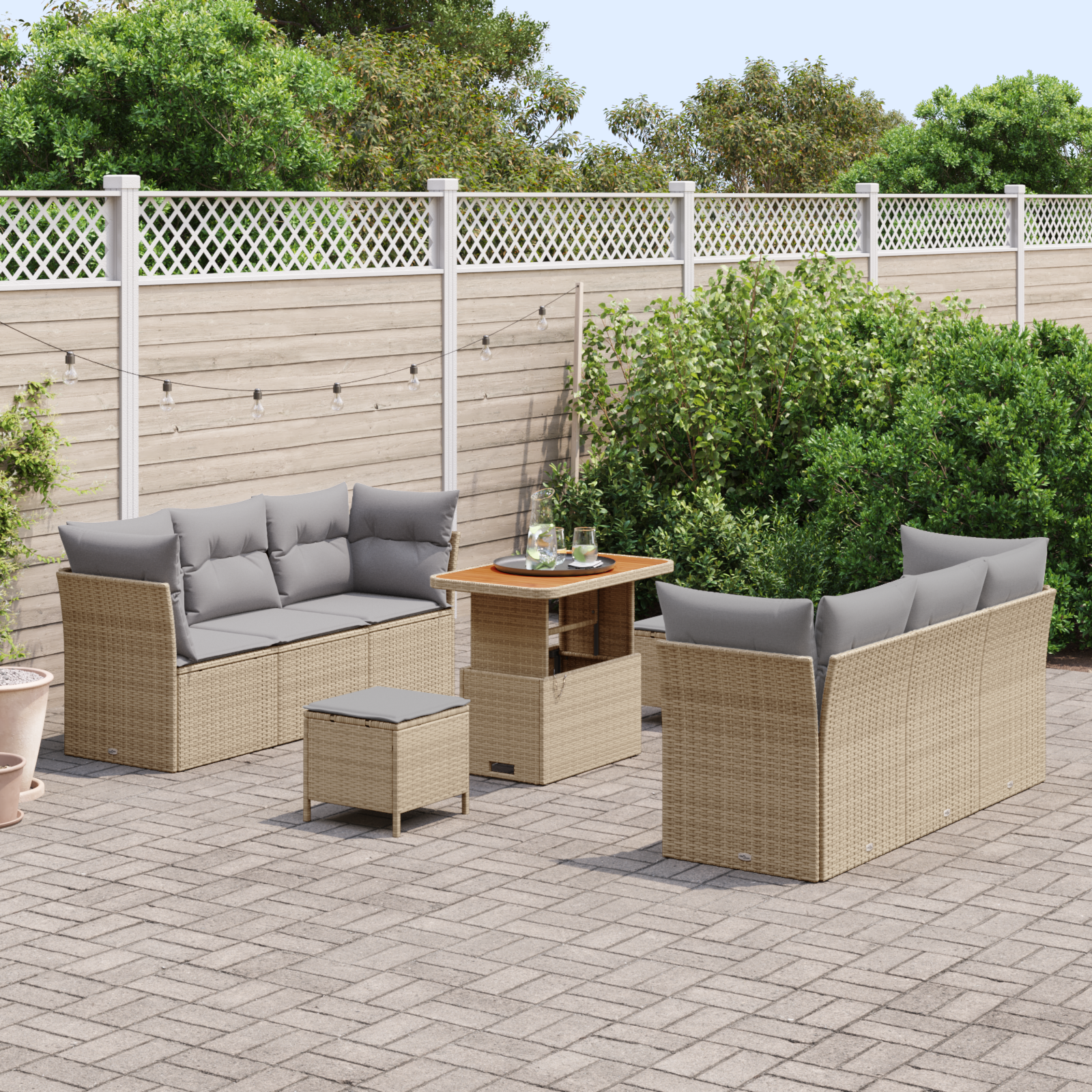 vidaXL 9-delige ligbedset met kussens Beige Poly Rattan Acacia