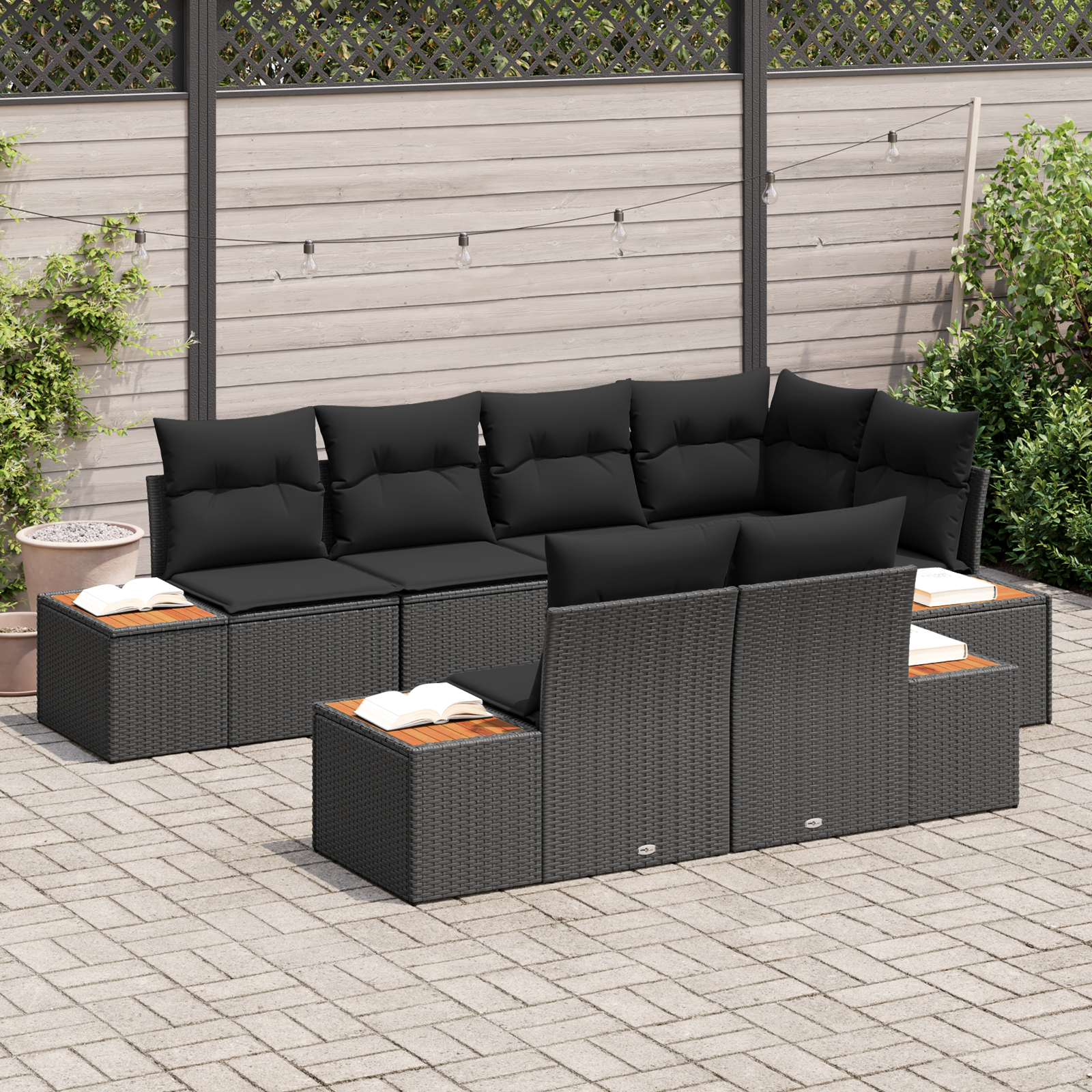 vidaXL 7-delige tuinset met kussens zwart poly rattan acacia