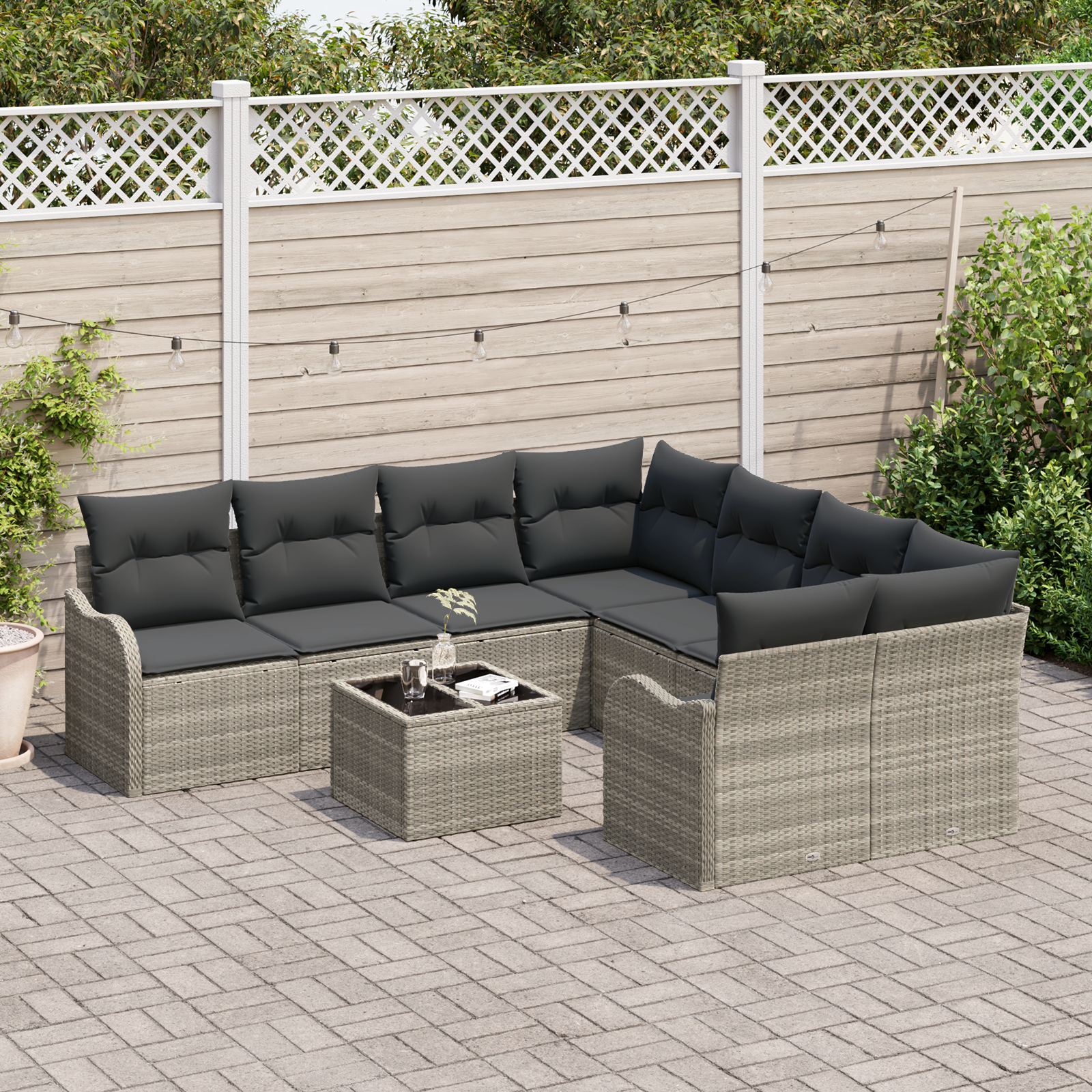 vidaXL 9-delige tuinset met kussens lichtgrijs poly rattan