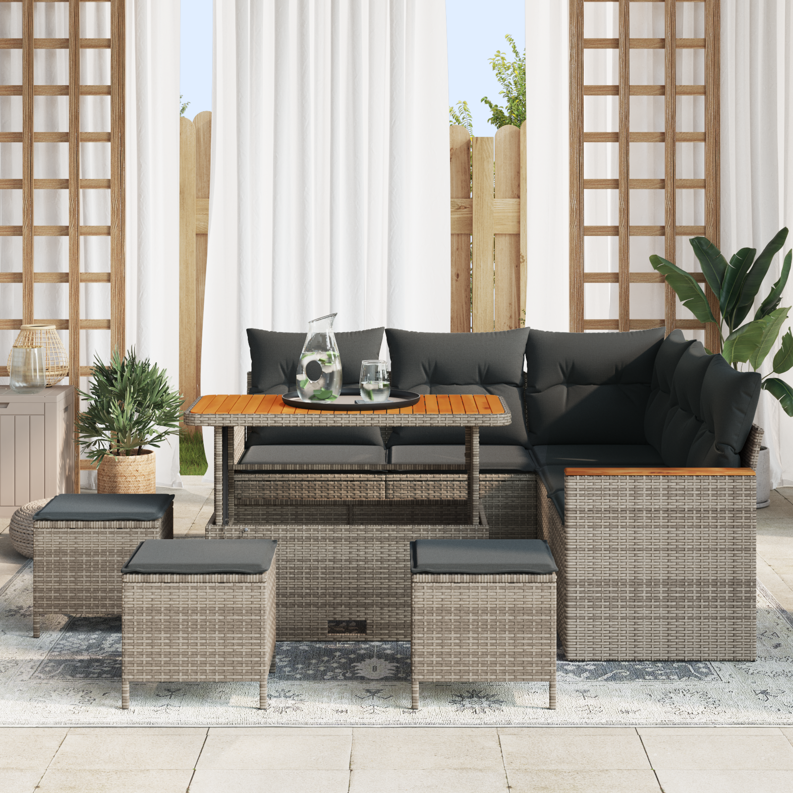 vidaXL 9-delige Tuinbankenset met kussens poly rattan acacia grijs