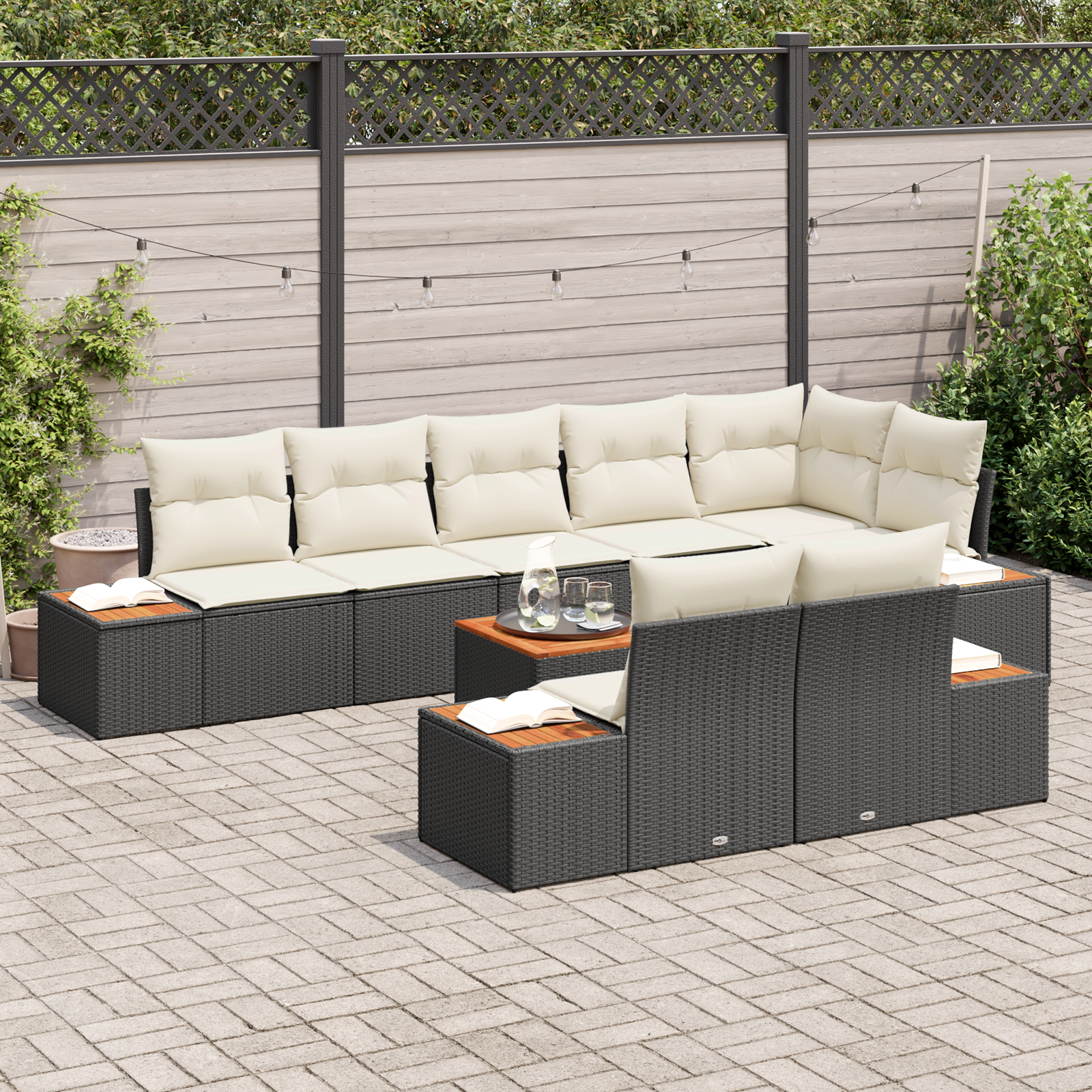 vidaXL 9-delige Tuinbankenset met kussen poly rattan acacia zwart