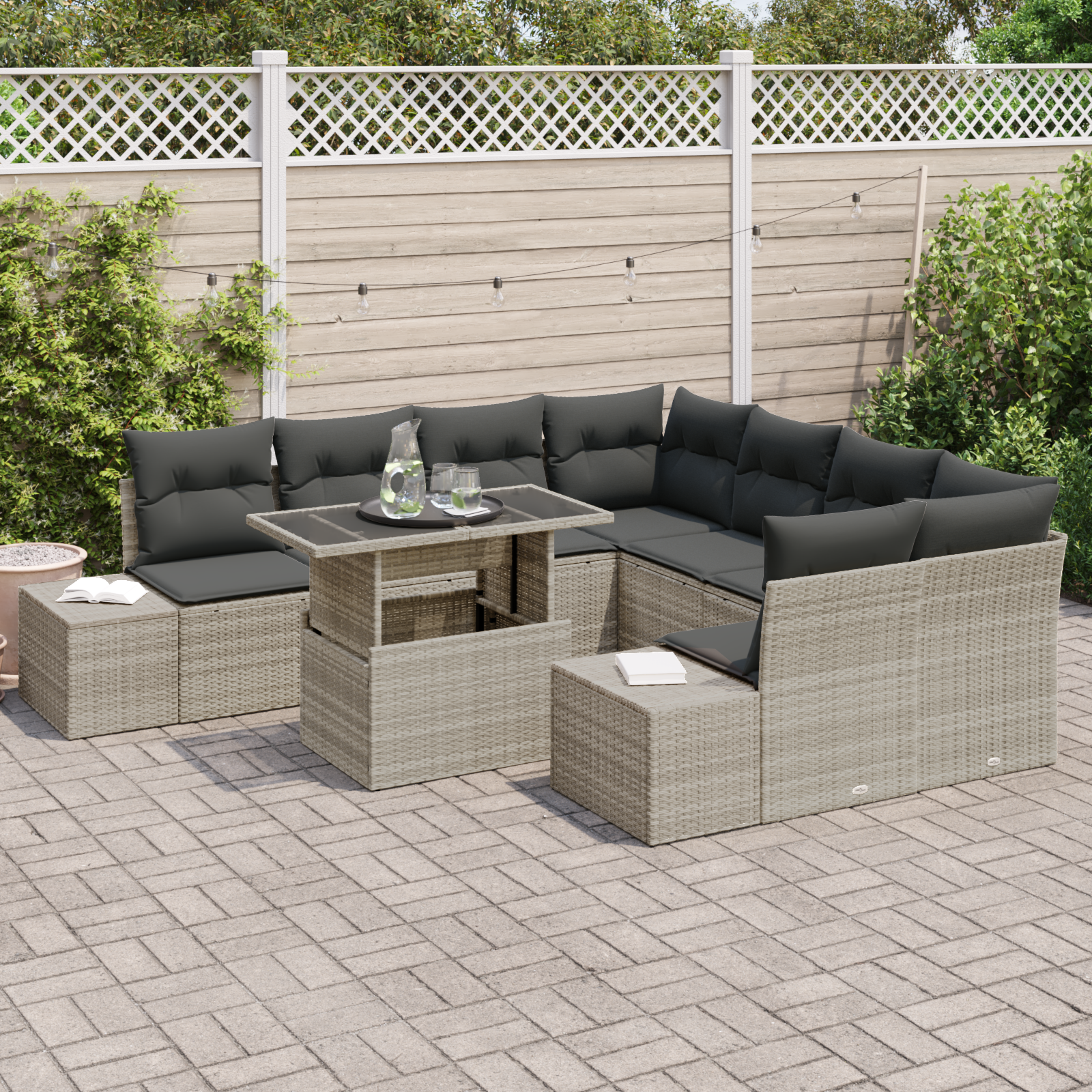 vidaXL 9-delige Tuinbankenset met kussens poly rattan lichtgrijs
