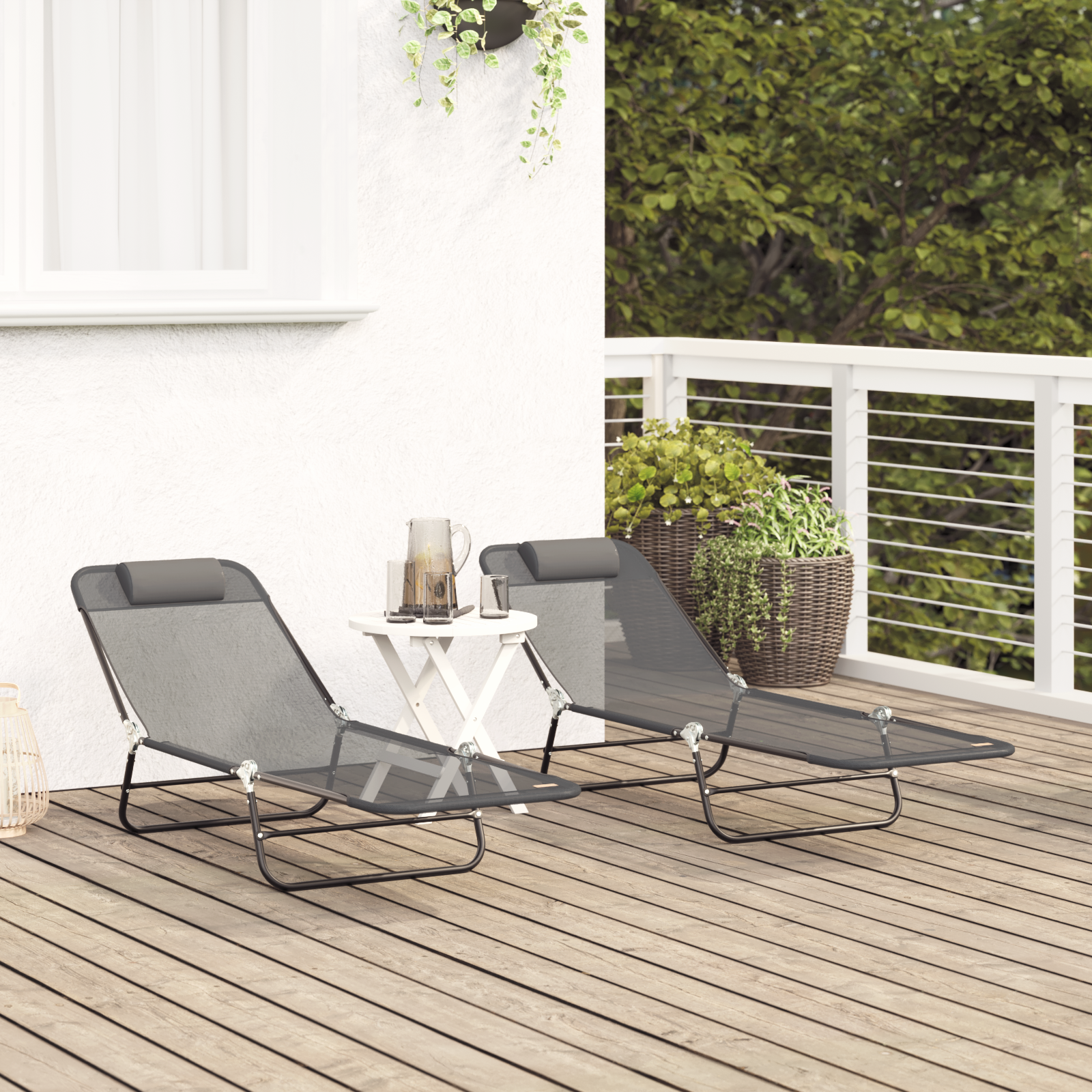 vidaXL Inklapbare zon ligstoelen 2 stuks met hoofdkussen grijze Textilene
