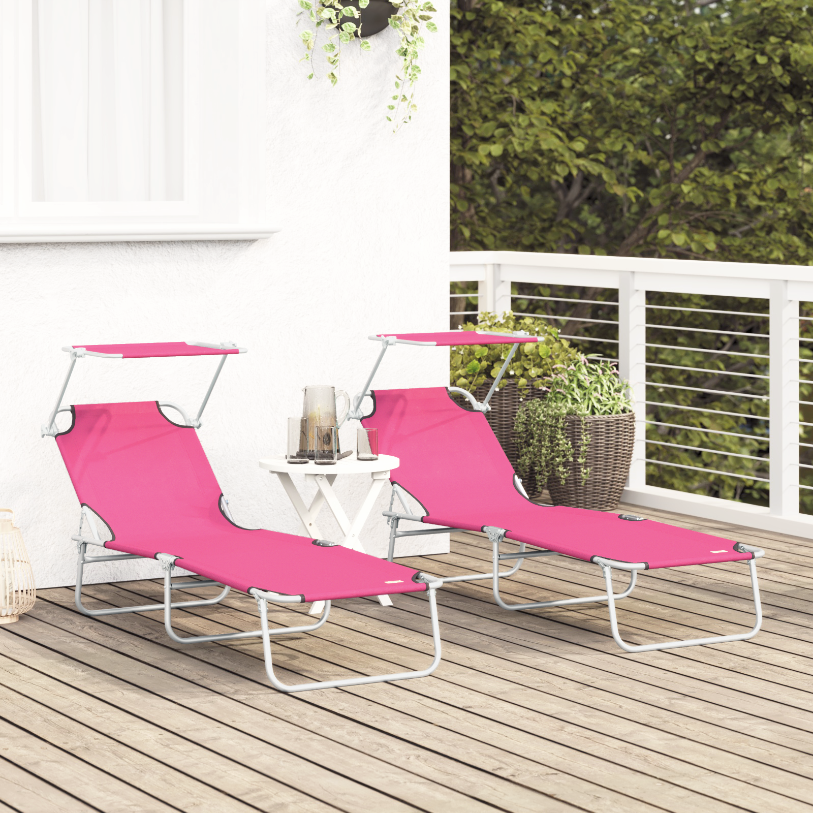 vidaXL Opvouwbare Zonnebanken 2 pcs met Luifel Roze 600D Oxford Stof