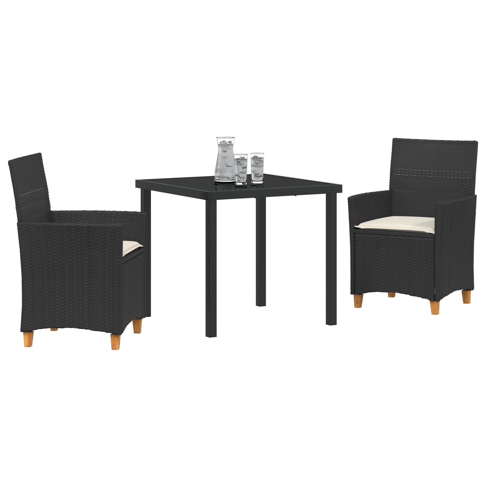 vidaXL 3-delige Tuin Eetset met Kussens Zwart Poly Rattan