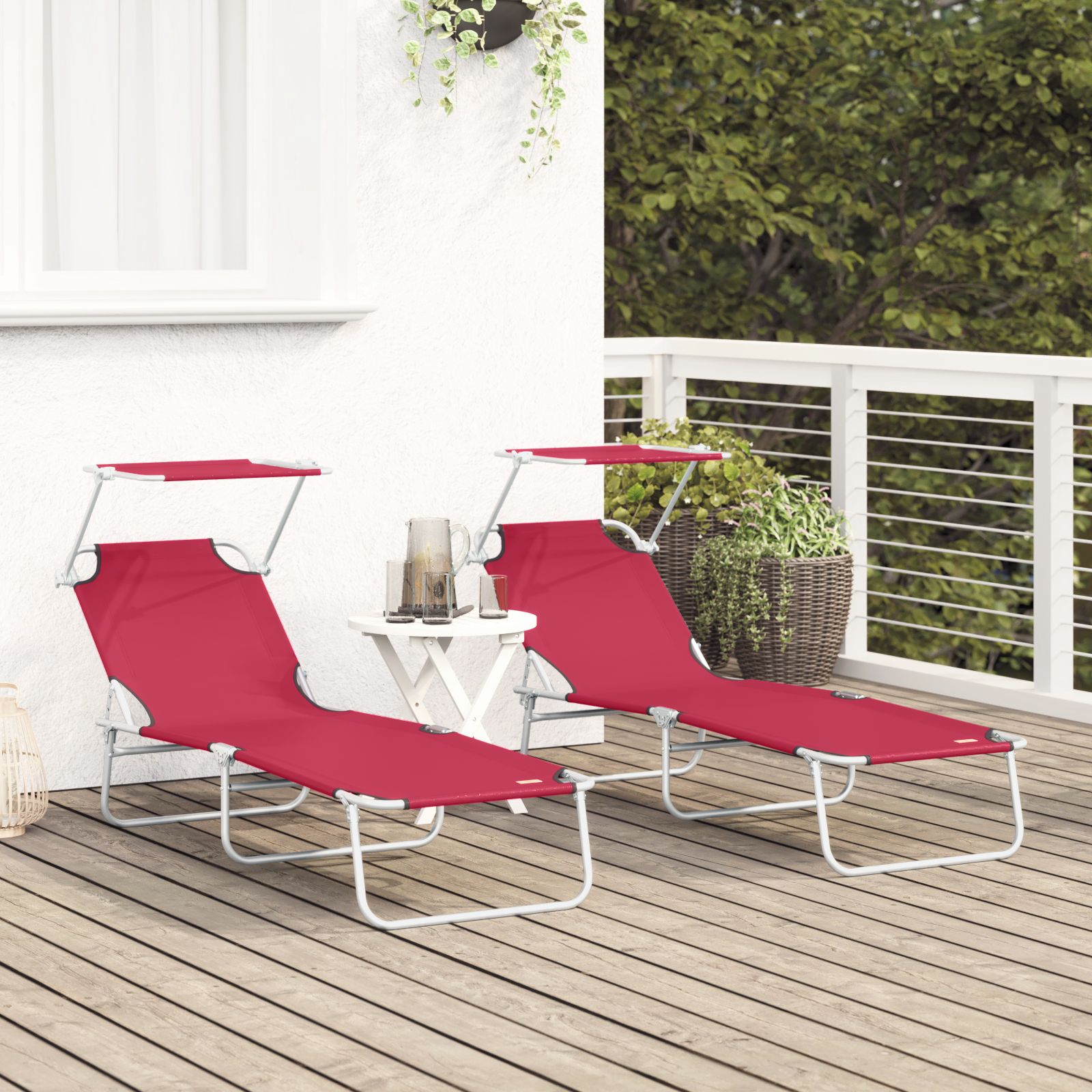 vidaXL Opvouwbare Zonnebanken 2 stuks met Luifel Rode 600D Oxford Stof