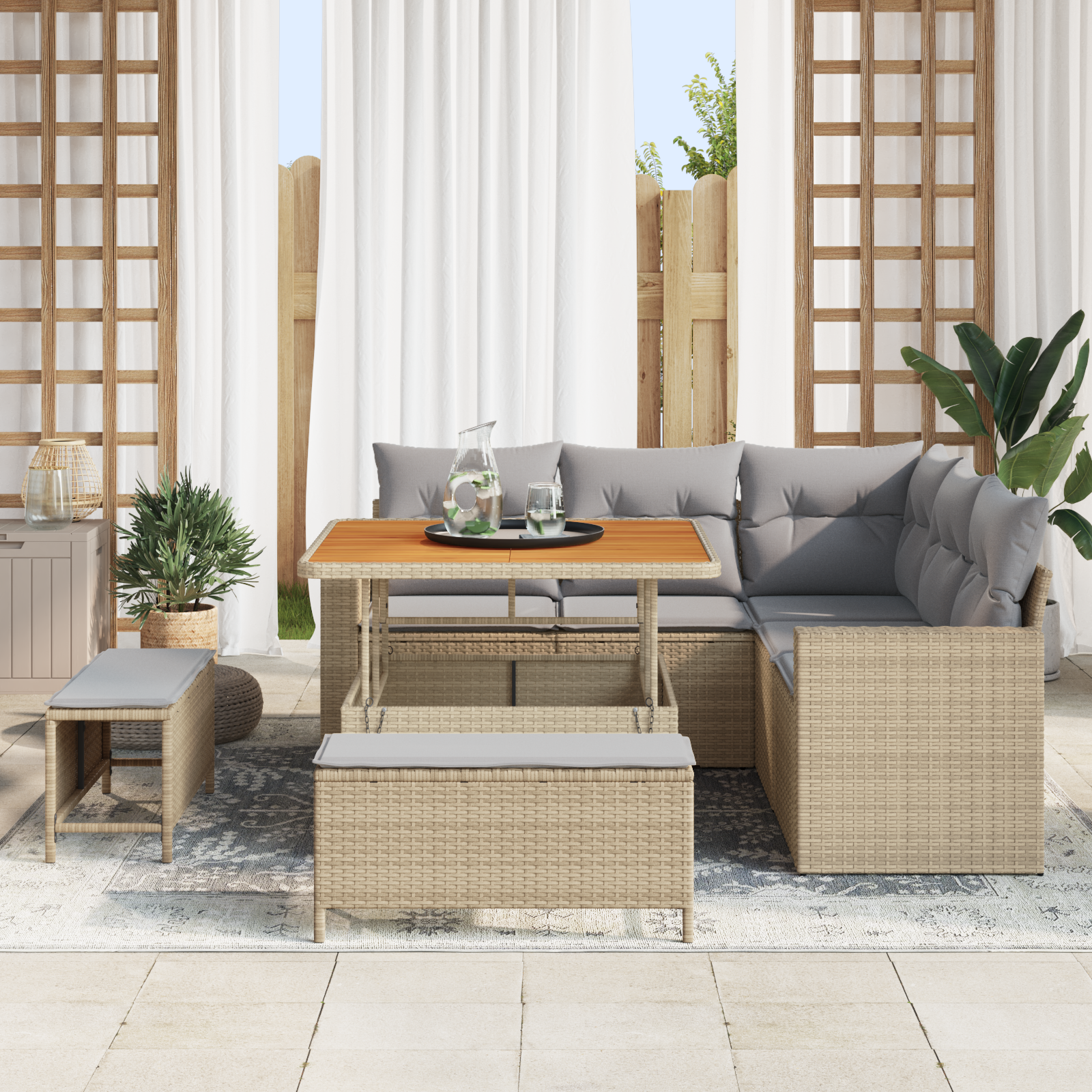 vidaXL 8-delige tuinset met kussens Beige Poly Rattan Acacia